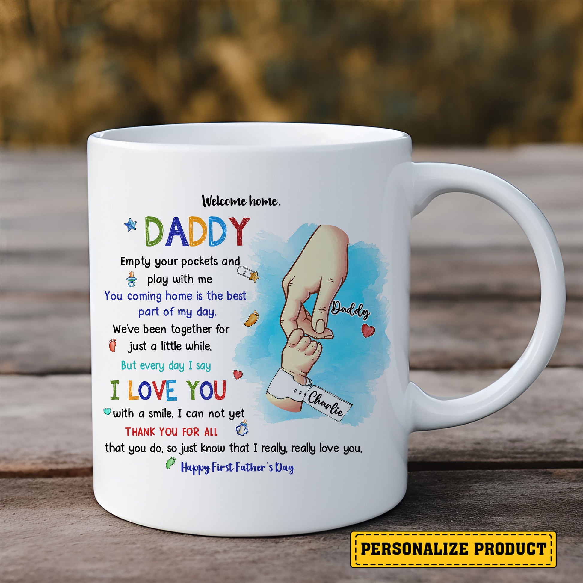 Customized Daddy and Baby Hand Mug – Welcome Home Message and First Father’s Day Gift Idea for New Dads – Meaningful Keepsake to Celebrate Fatherhood
