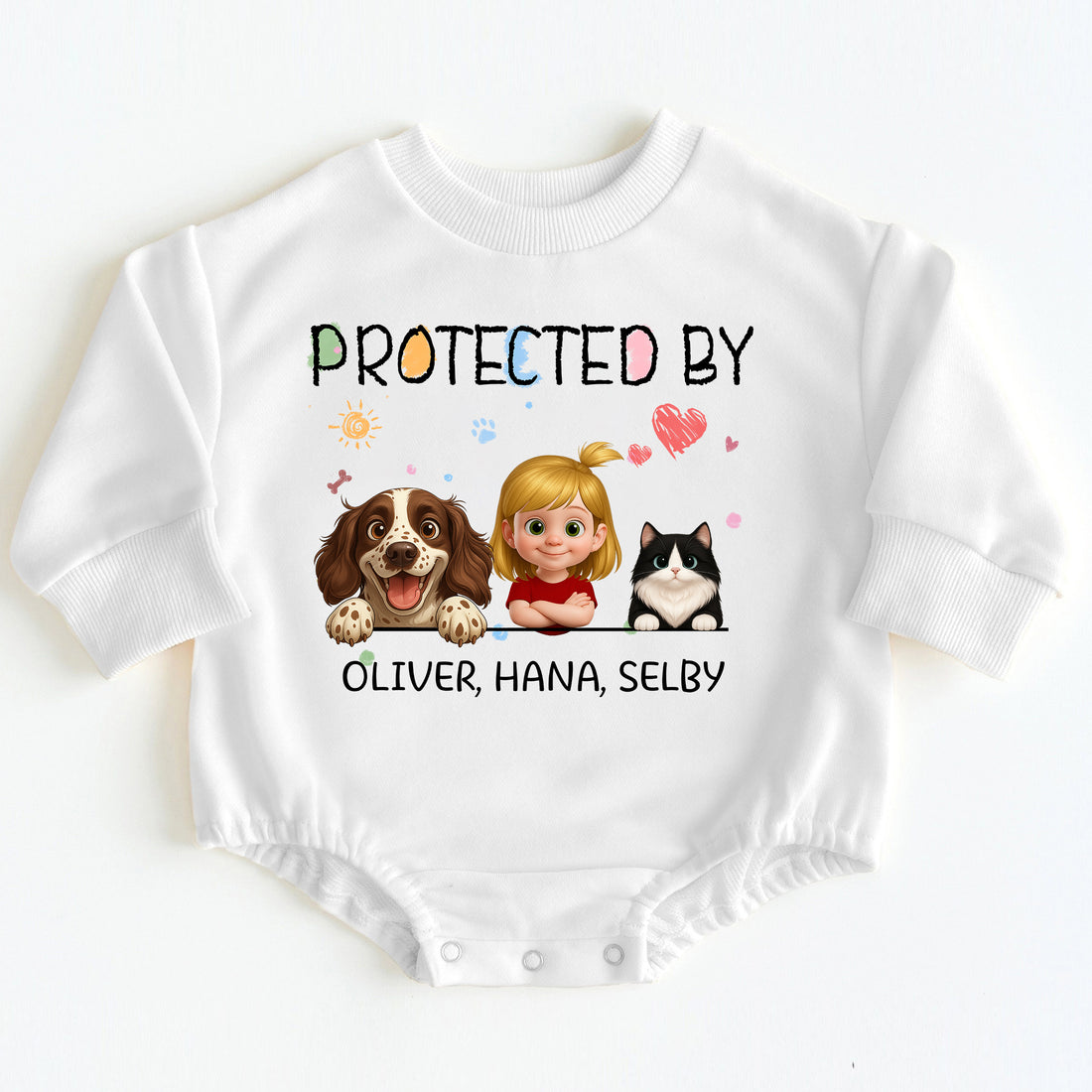 "Protected By" Personalized Baby Bodysuit - Custom Dog, Cat, Sibling Names