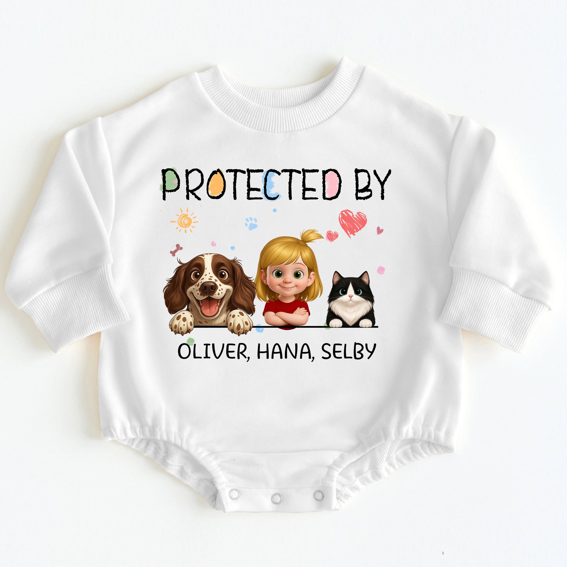 Cute Custom "Protected By" Baby Gift - Personalized Onesie with Pets & Sibling
