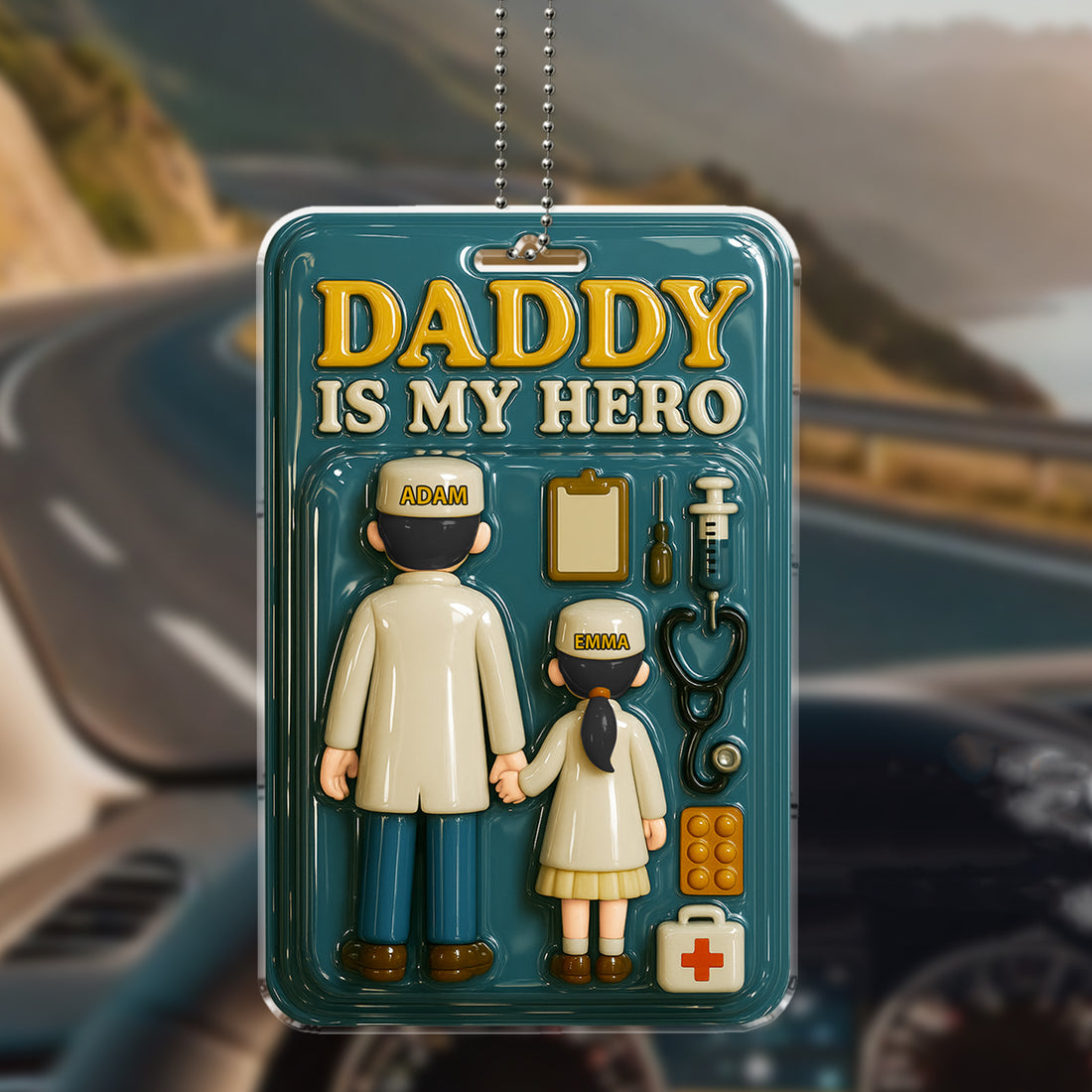 Daddy Is My Hero Personalized Doctor Acrylic Car Hanging Ornament, Gift For Dads, Father's Day Gift - Custom Doctor Dad & Child