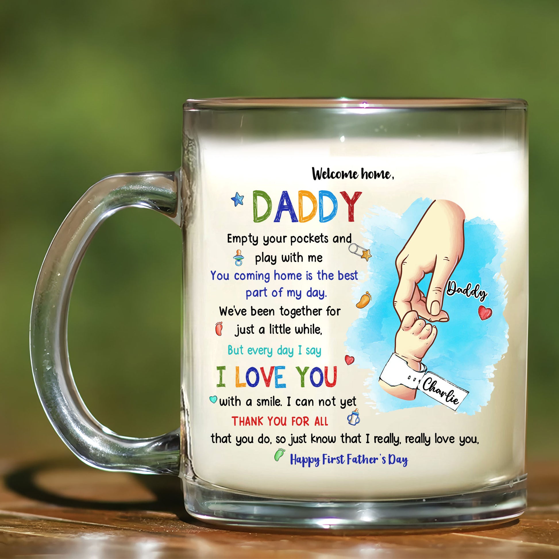Dear Daddy Father’s Day Mug – Custom Baby Name Glass Cup – Best Gift for New Dad to Celebrate First Year of Dad Life

