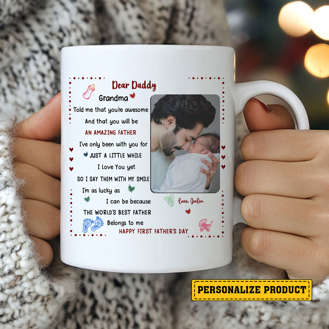 Dear Daddy First Father’s Day Ceramic Mug – Personalized Gift from Baby with Photo and Poem – Celebrate Dad Life with a Custom Coffee Cup Keepsake for New Dads

