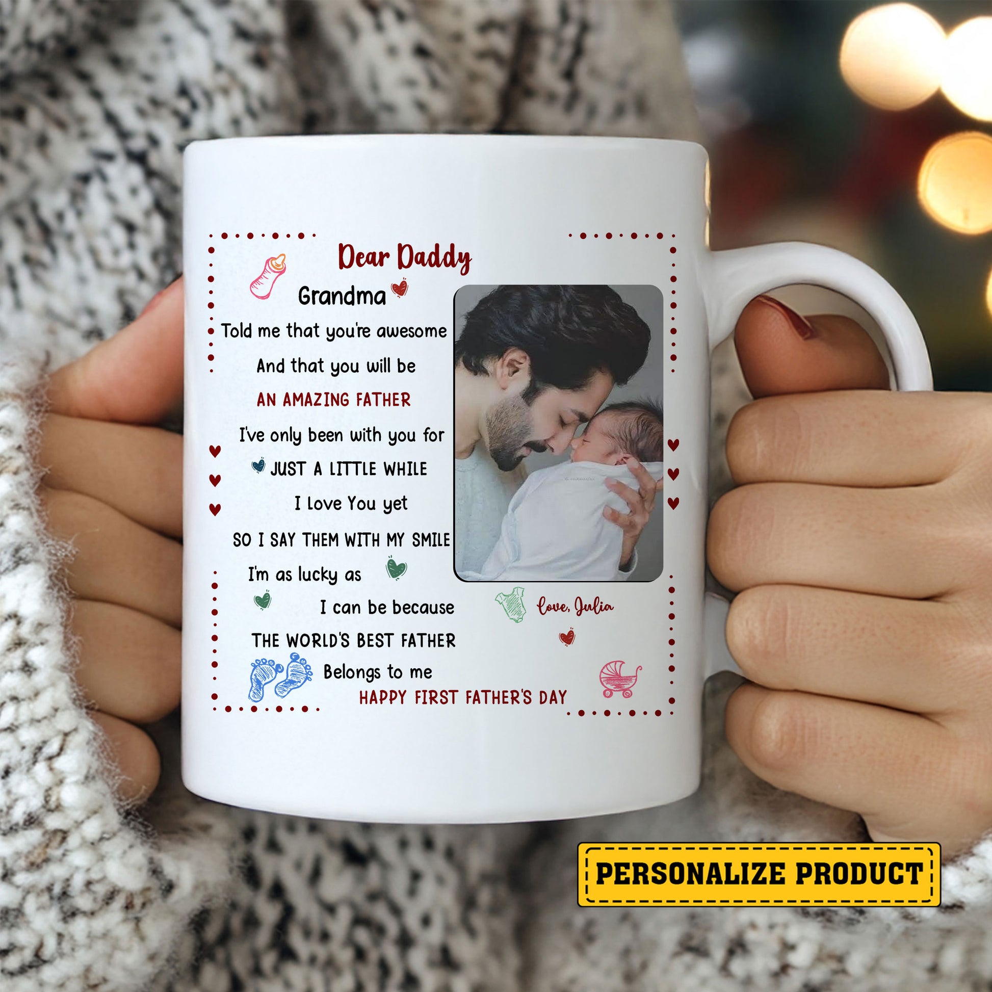Dear Daddy First Father’s Day Ceramic Mug – Personalized Gift from Baby with Photo and Poem – Celebrate Dad Life with a Custom Coffee Cup Keepsake for New Dads

