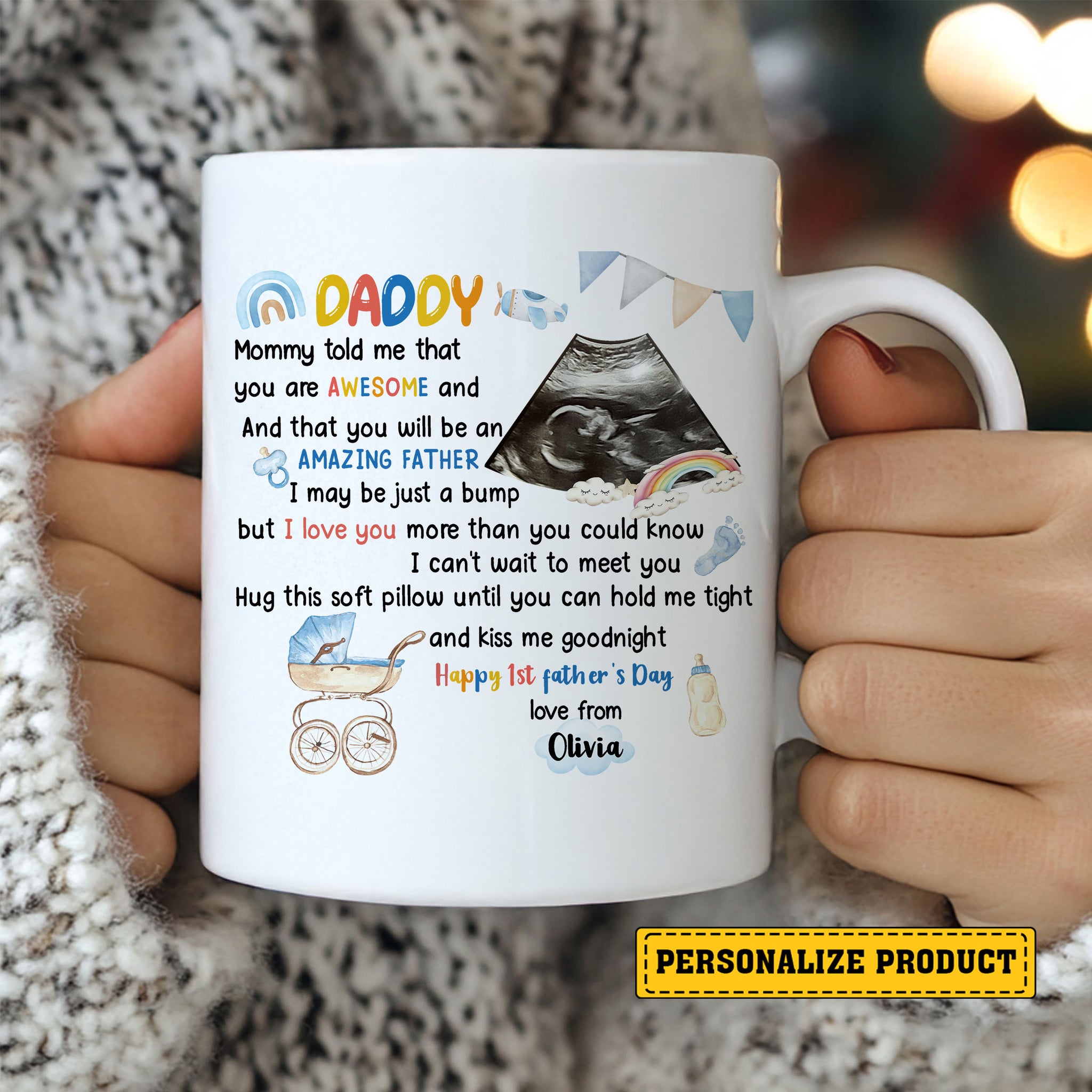 Dear Daddy First Father’s Day Mug from Bump – Personalized Ceramic Cup Gift with Ultrasound Photo and Poem – Custom New Dad Life Keepsake from Unborn Baby