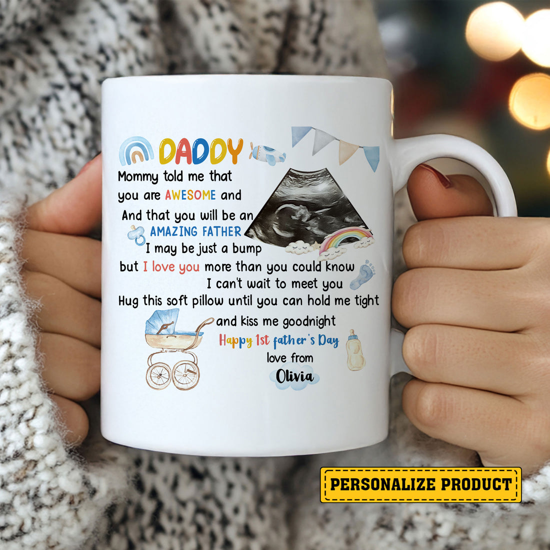 Dear Daddy First Father’s Day Mug from Bump – Personalized Ceramic Cup Gift with Ultrasound Photo and Poem – Custom New Dad Life Keepsake from Unborn Baby