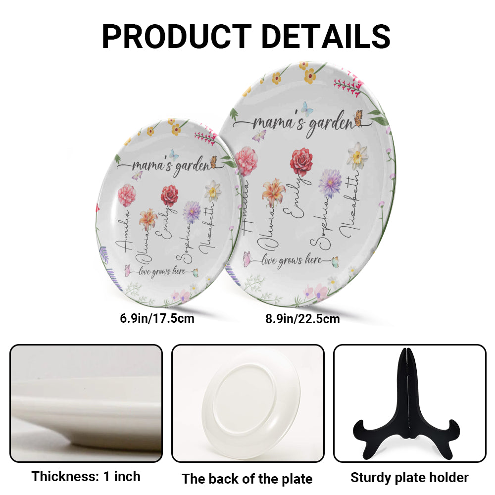 Decorative Ceramic Plate: Mama's Garden, Kid's Name, Birth Flower

