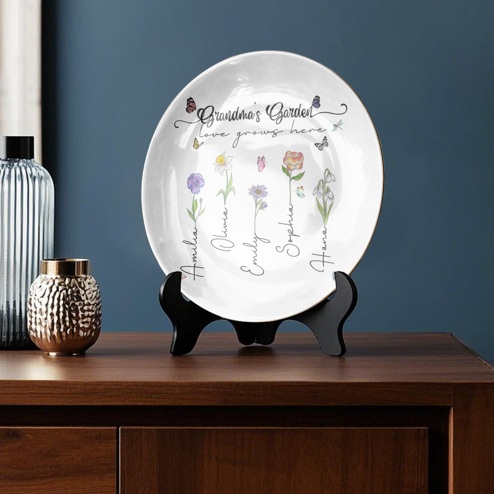 Grandma's Garden Love Grows Here Birth Flower Custom Grandchild's Name Ceramic Plate, Gift For Mom, Gift For Grandma, Mother's Day Gift