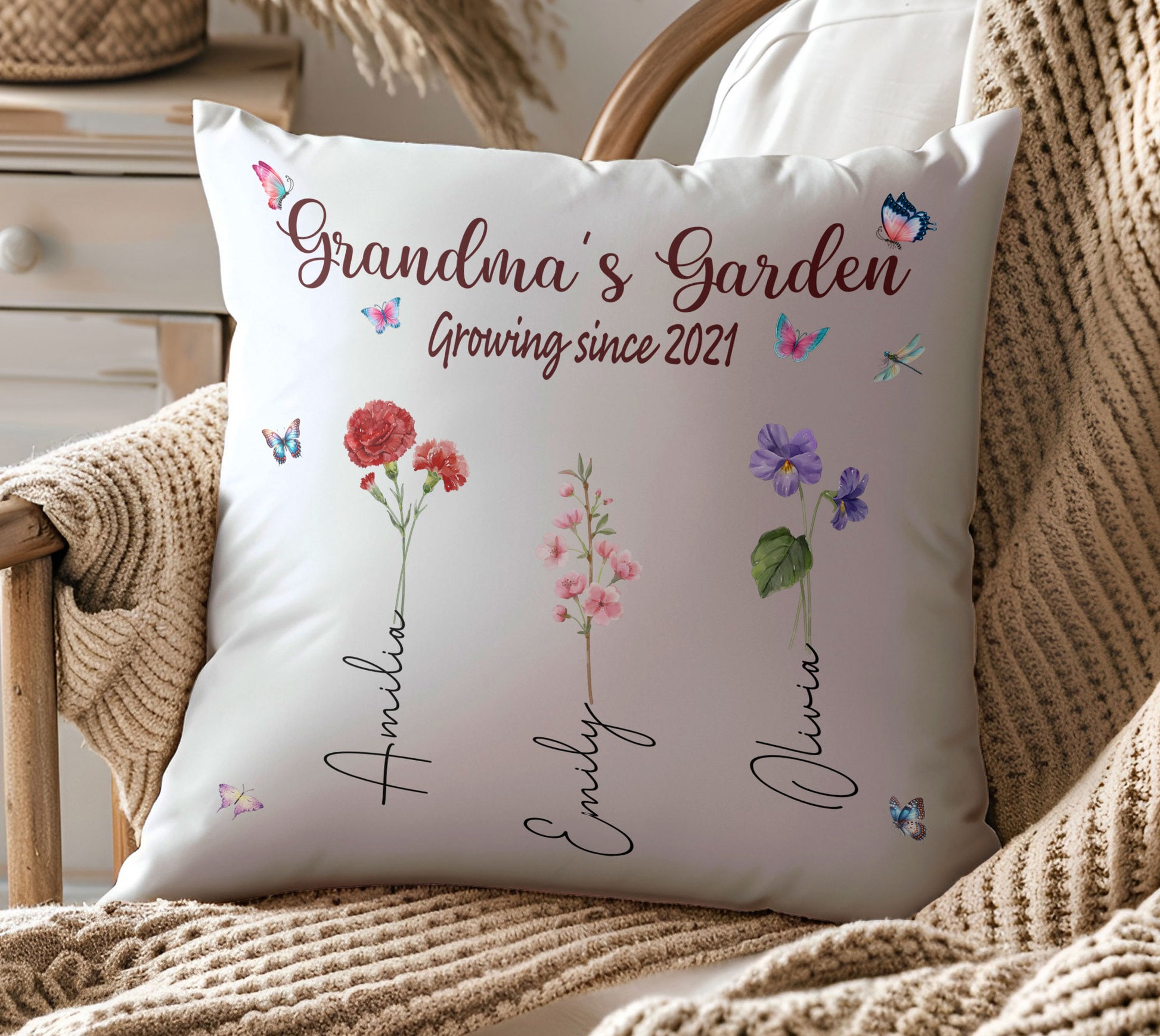 Decorative Grandma's Garden Throw Pillow with Custom Grandchild's Name

