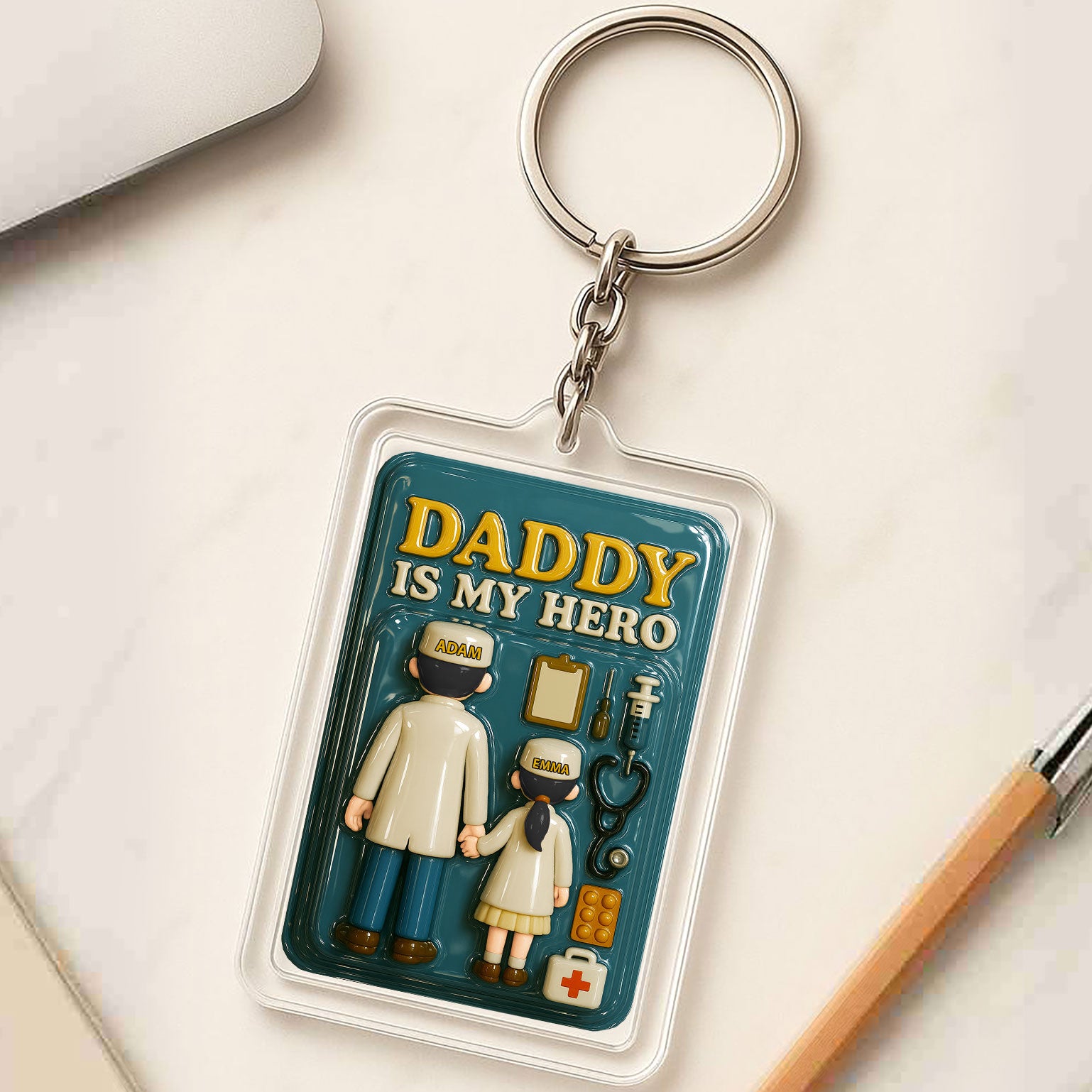 Doctor Dad Father's Day 3D Keychain - Personalized "My Hero" Medical Gift