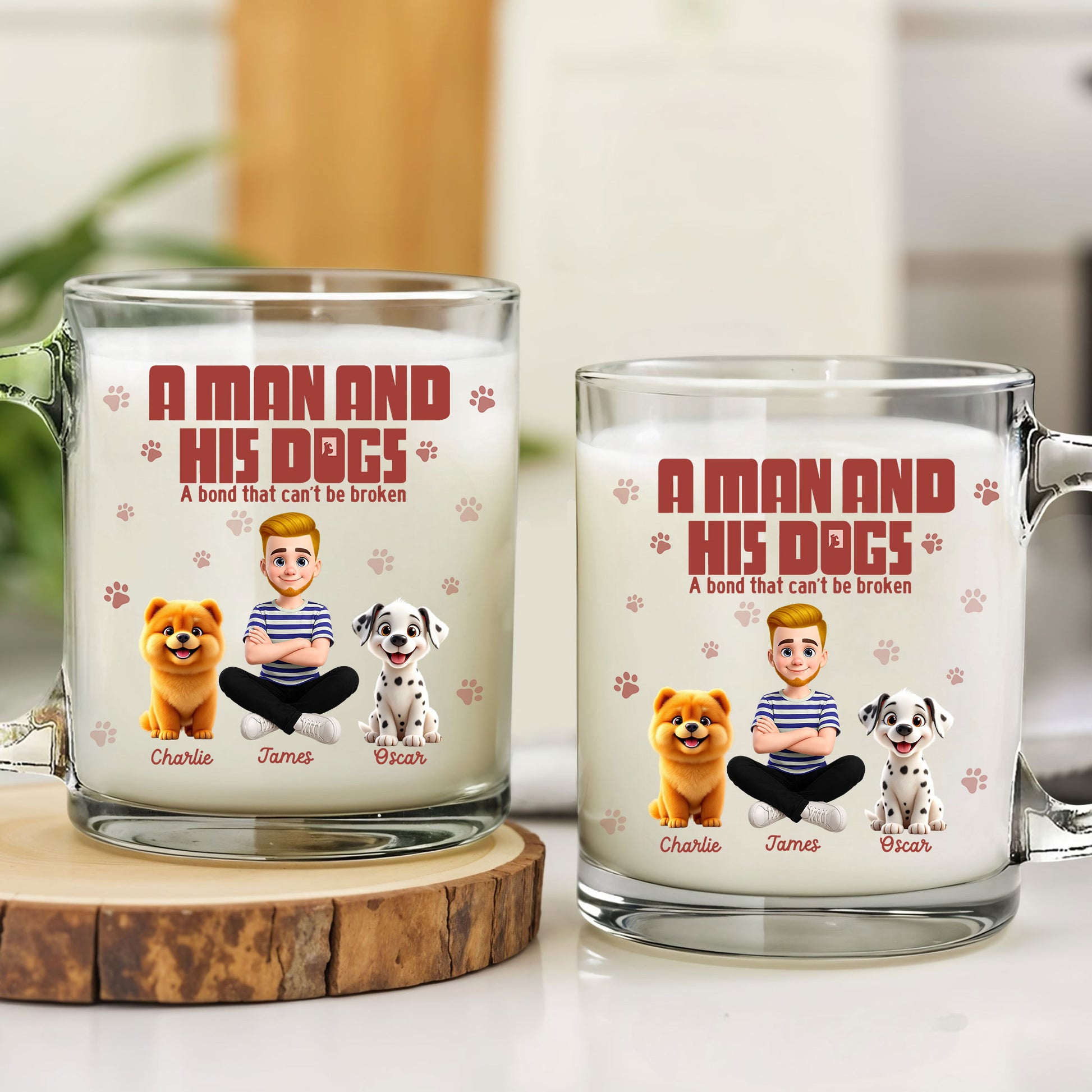 Dog Dad Personalized Glass Mug: Features "A Man and His Dog" Theme. Custom Names for Him & Furry Friends