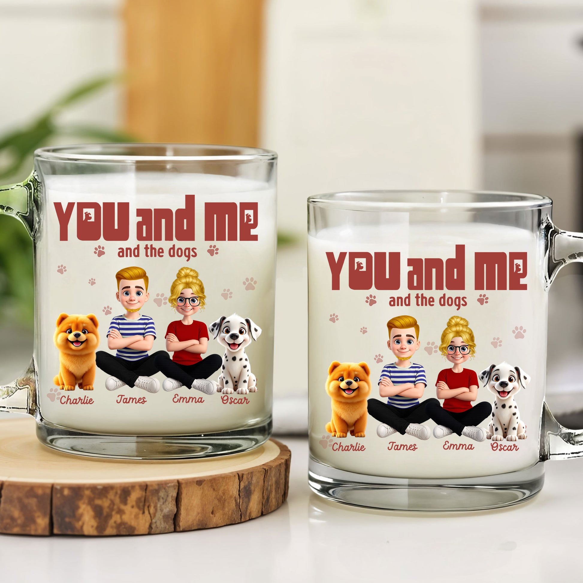 Dog Family Personalized Glass Mug: Features "You and Me and the Dogs." Custom Names for Couple & Pets. Clear Keepsake