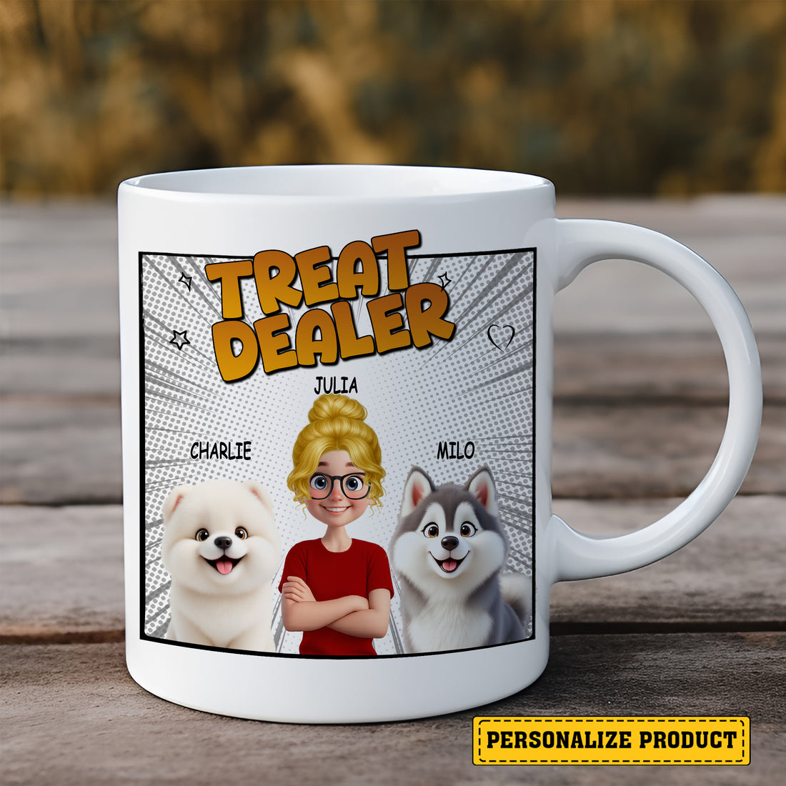 Dog Mom Custom Name and Dog Breed - Personalized "Treat Dealer" Comic Style Mug for Pet Lovers