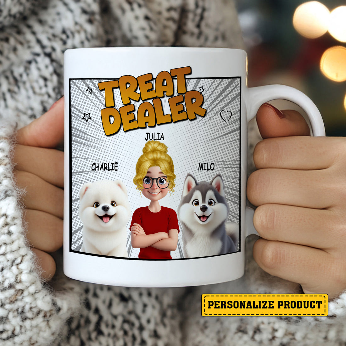Dog Mom Custom Name and Dog Breed - Personalized "Treat Dealer" Comic Style Mug for Pet Lovers