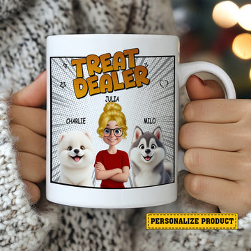 Dog Mom Custom Name and Dog Breed - Personalized "Treat Dealer" Comic Style Mug for Pet Lovers