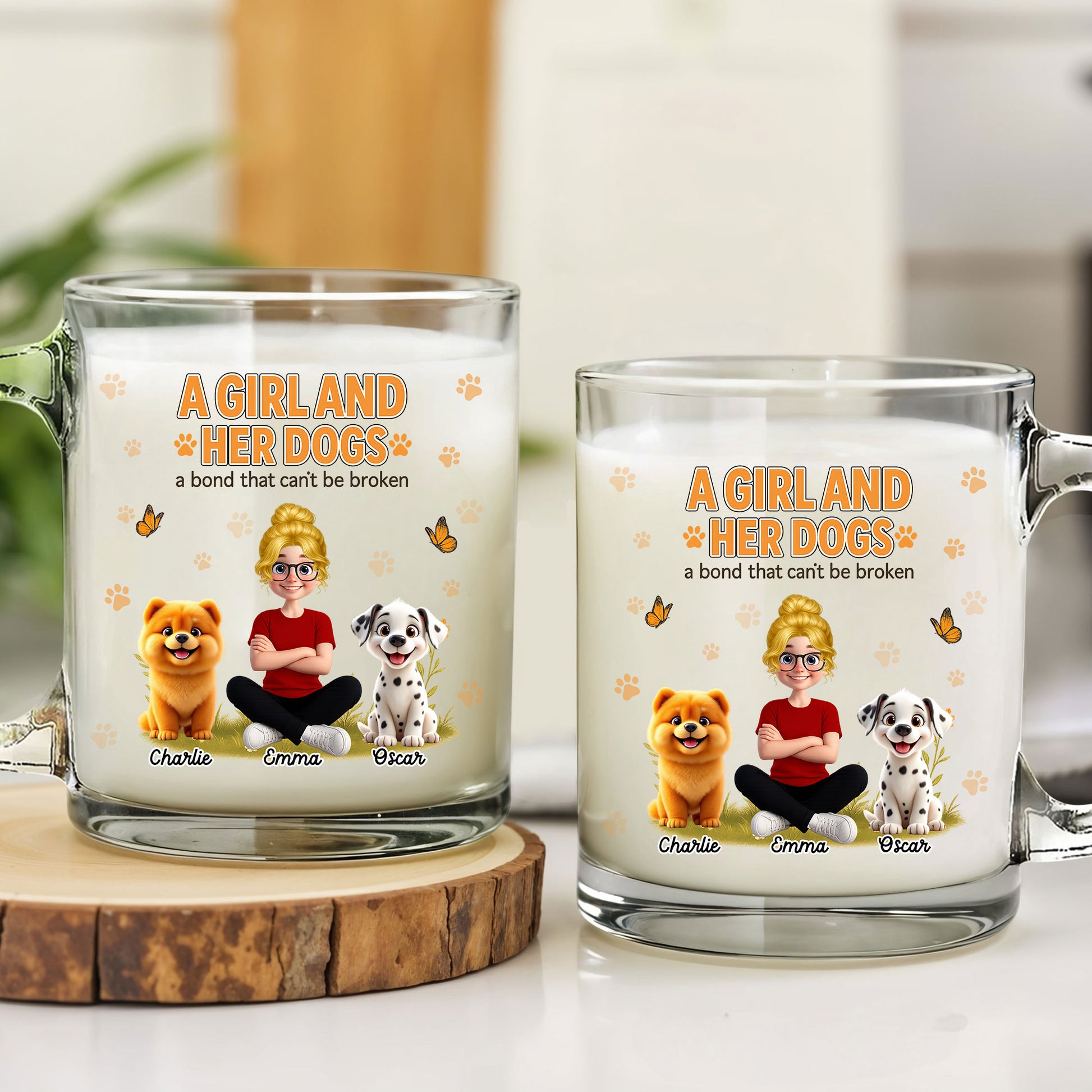 Dog Mom Personalized Glass Mug: Features "A Girl and Her Dogs" Theme. Custom Names for Her & Furry Friends