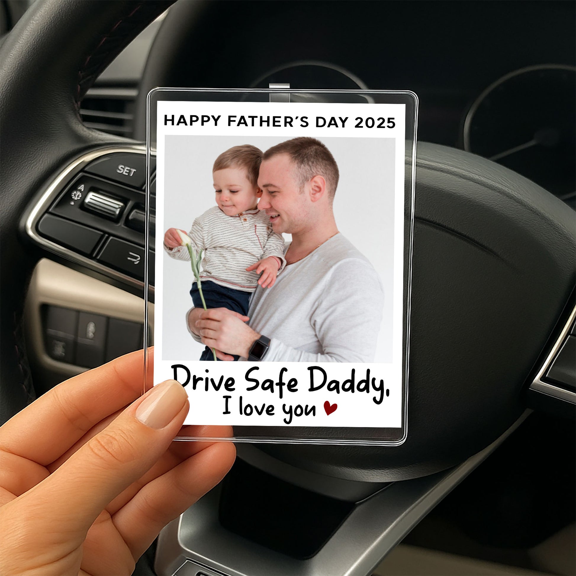 Drive Safe Daddy I Love You Acrylic Photo Visor Clip – Personalized Gift for Dad from Daughter or Son – Father’s Day 2025 Car Decoration Keepsake

