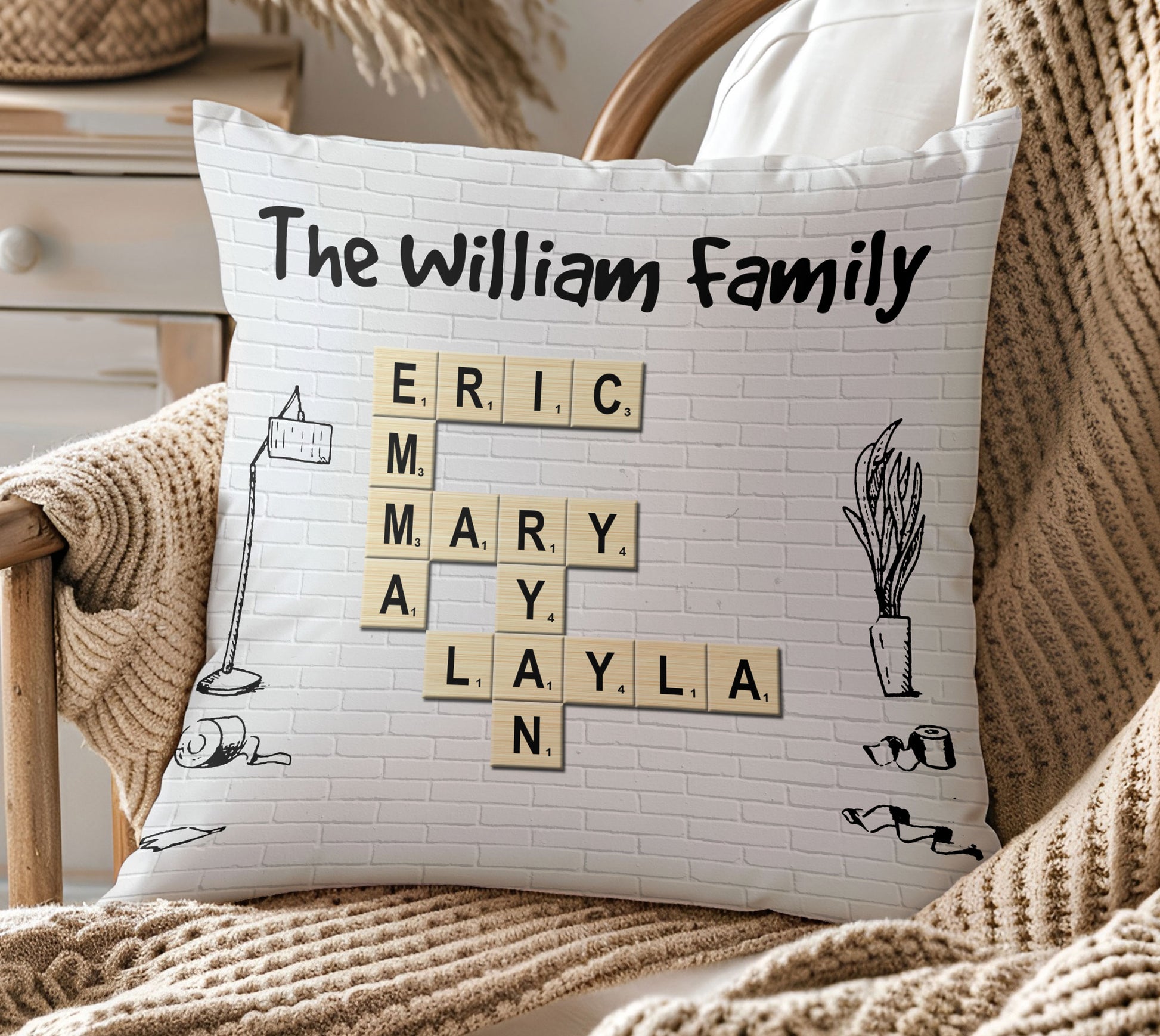 Family Cartoon Crossword Scrabble Custom Name - Personalized Pillow