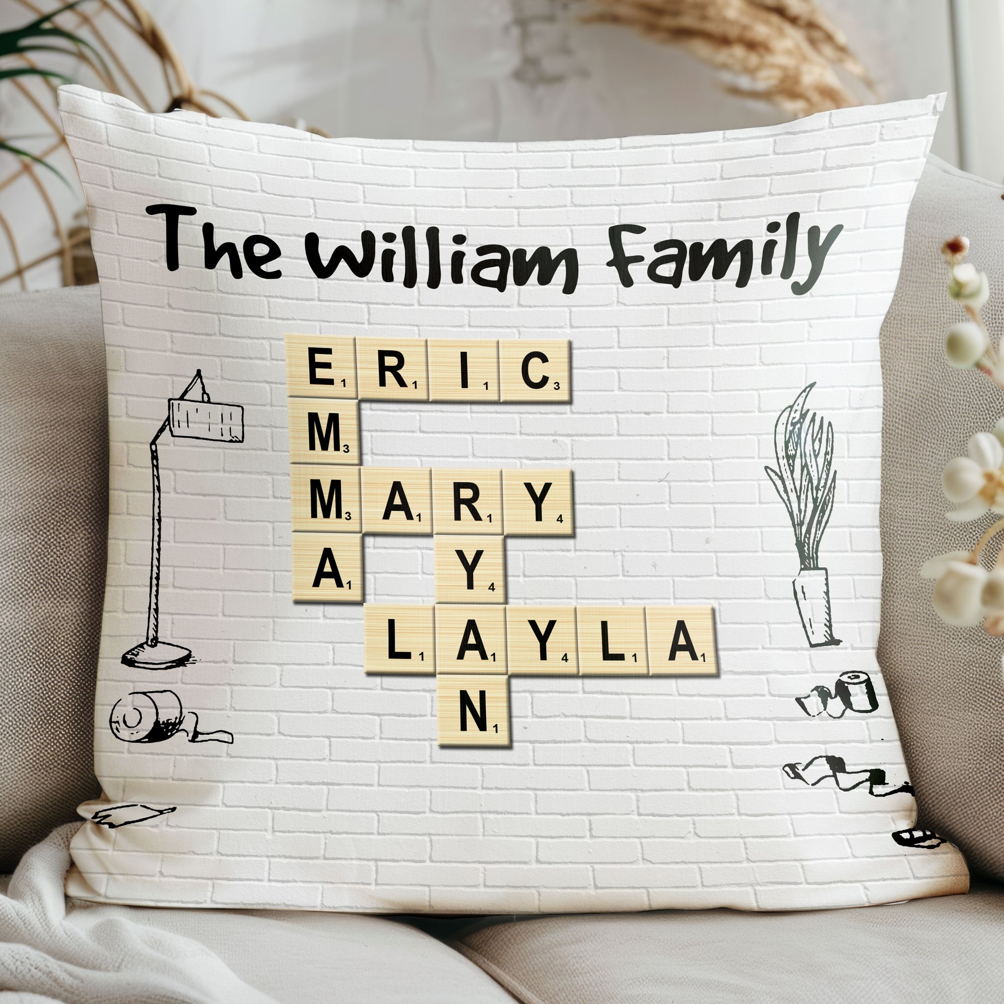 Family Cartoon Crossword Scrabble Custom Name - Personalized Pillow, Gift For Mom, Gift For Grandma, Gift for Granddaughter