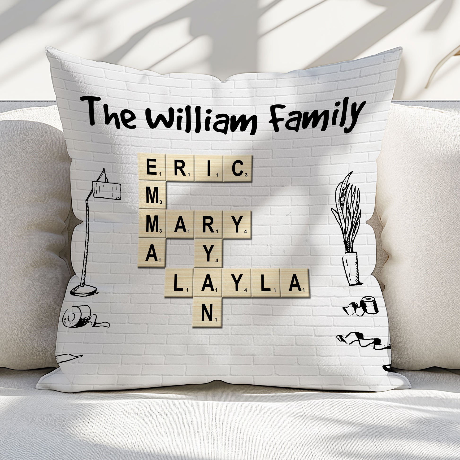 Family Name Crossword Pillow Personalized with Cartoon Portraits and Colorful Design for Grandparents