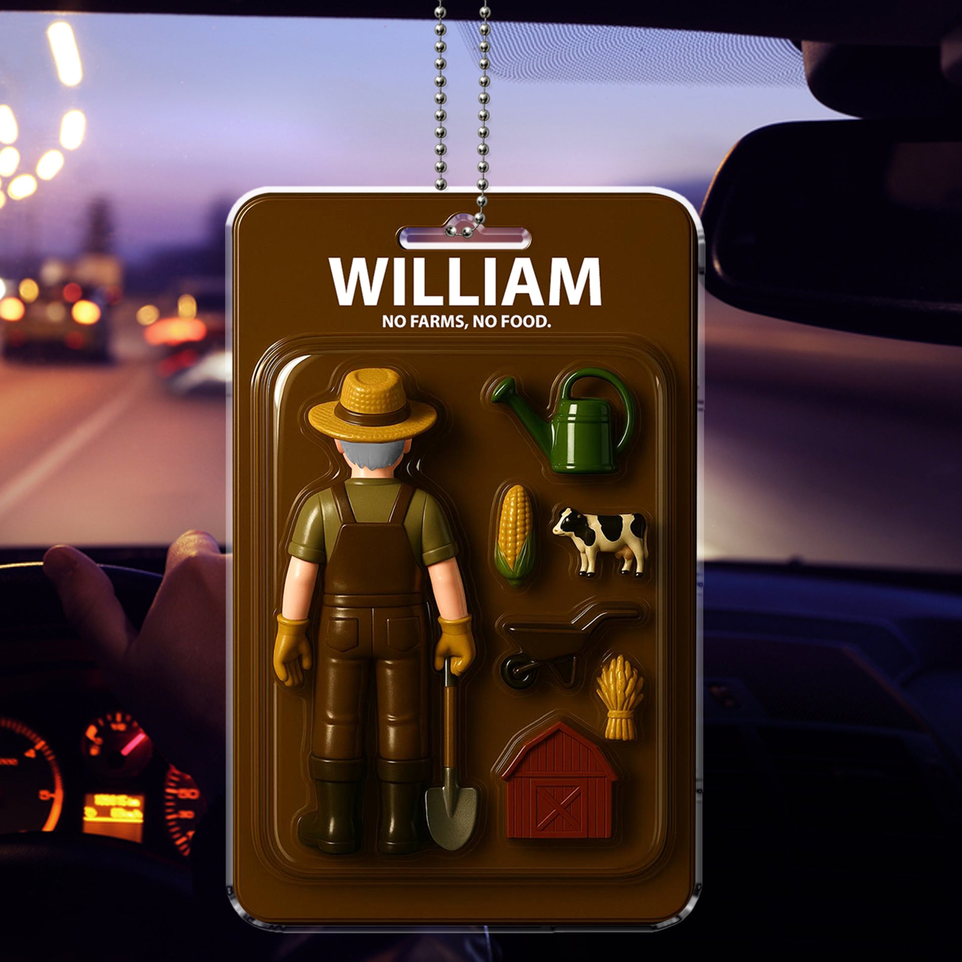 Farmer Pride Car Ornament - Personalized with Name & "No Farms, No Food"