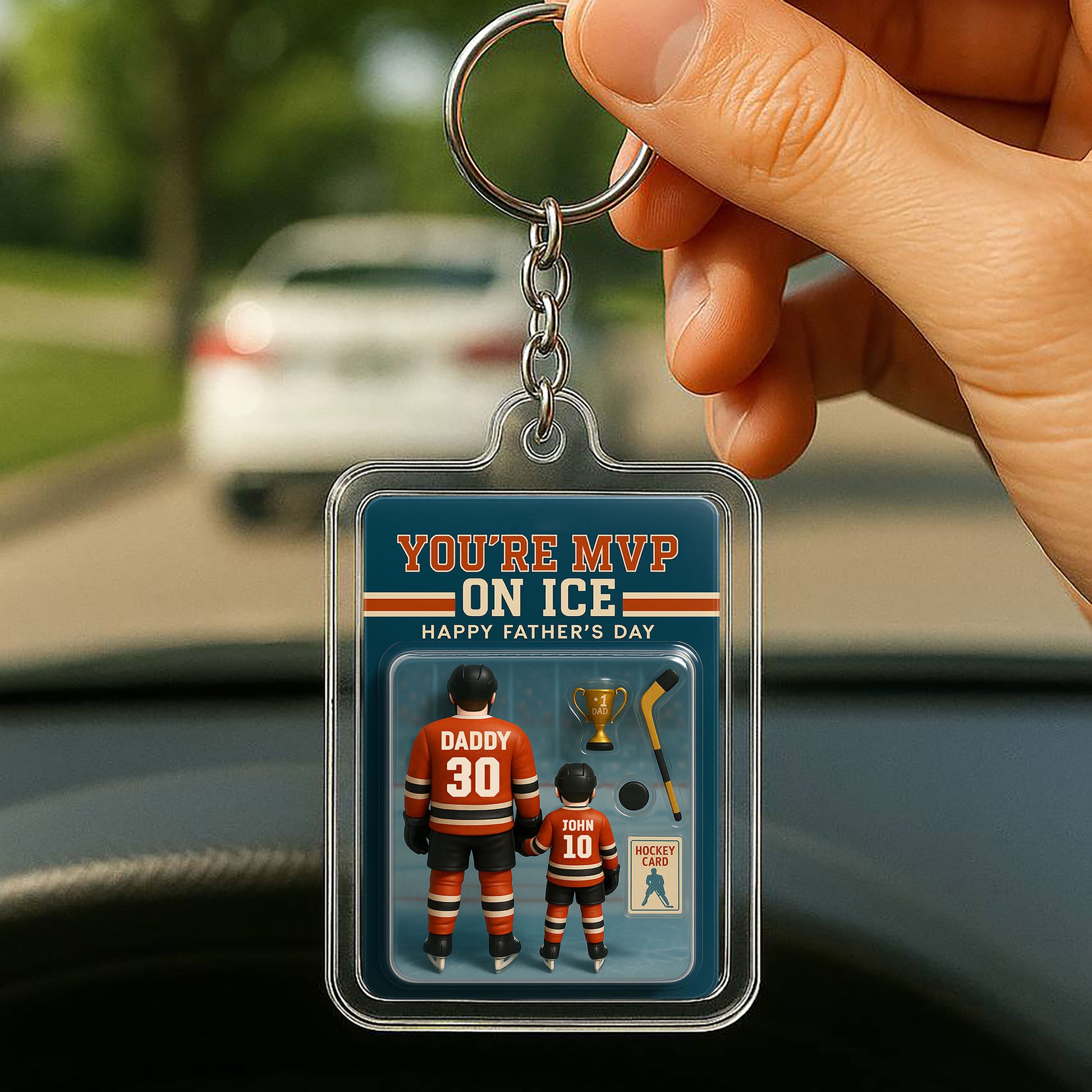 Father’s Day 3D Acrylic Keychain – Personalized Hockey Gift for Dad and Son – You’re MVP on Ice with Custom Jerseys

