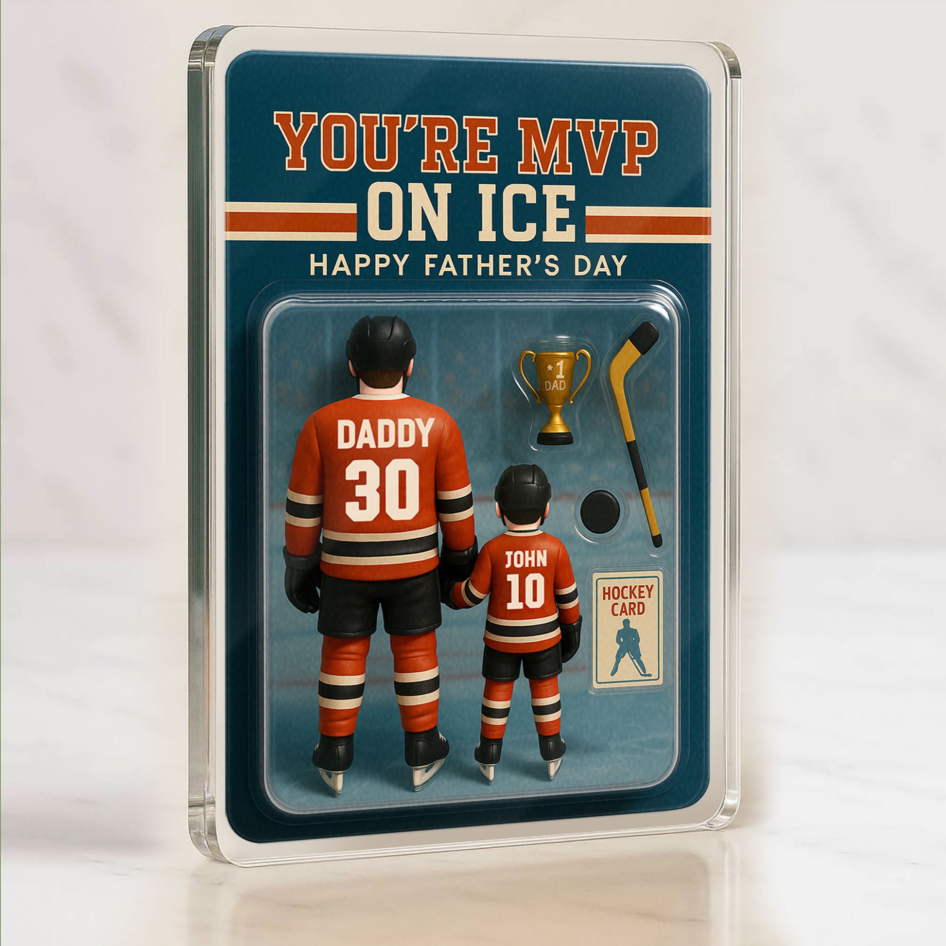 Father’s Day Personalized Hockey Plaque – 3D Acrylic Gift for Dad and Son with Custom Names and Uniforms

