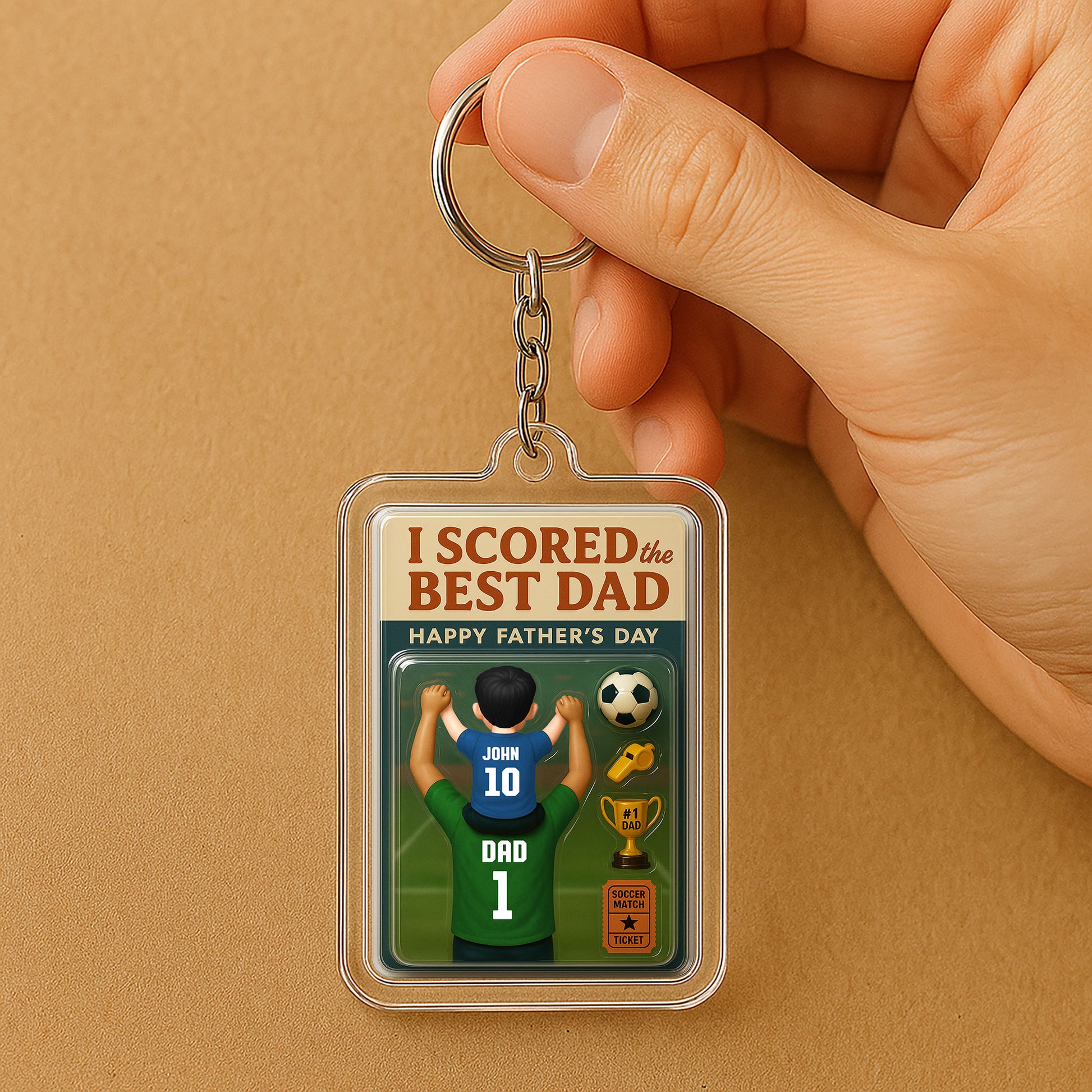 Father’s Day Soccer Keychain – Personalized 3D Acrylic Gift for Dad from Son – “I Scored the Best Dad” with Custom Jerseys