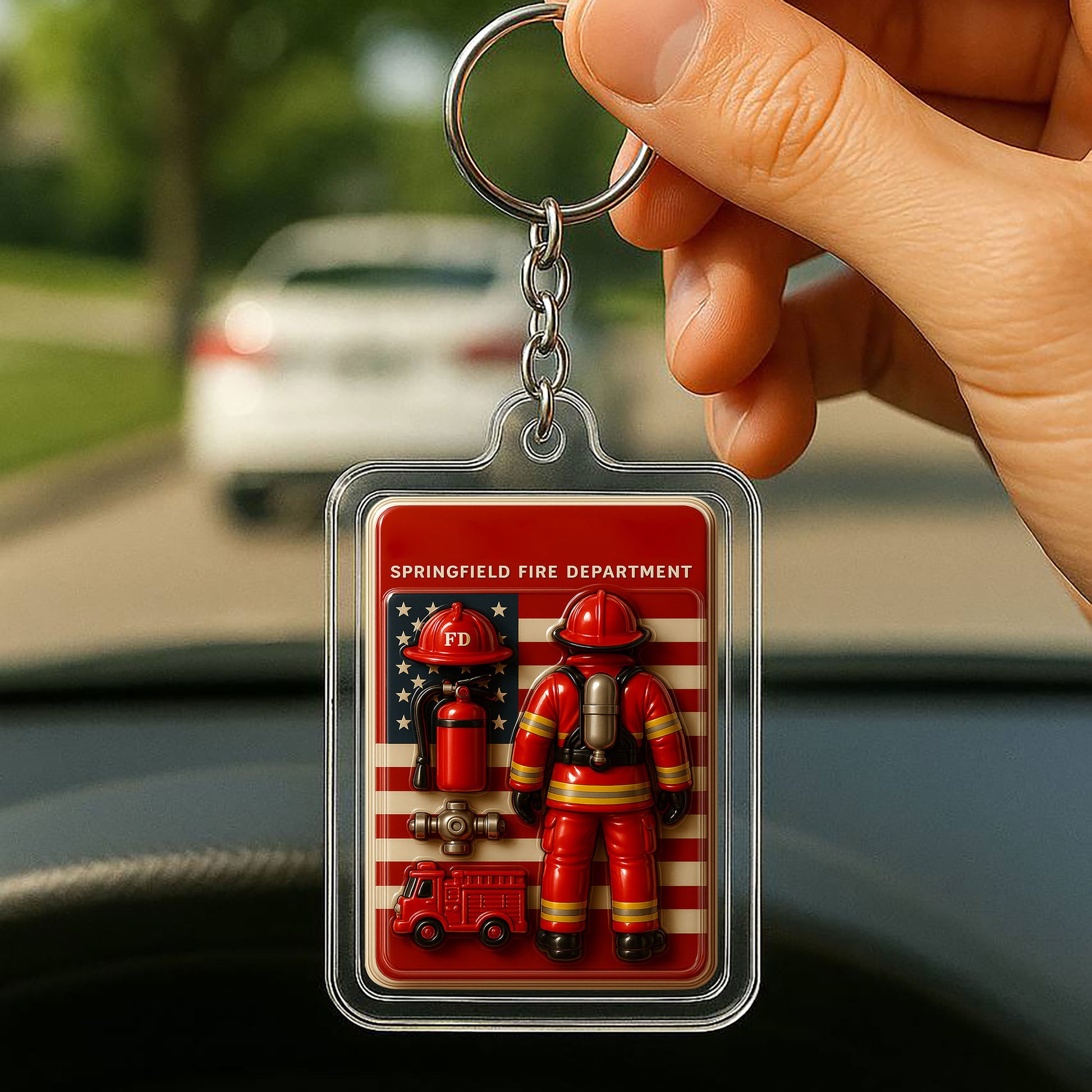 Firefighter Dad Acrylic Keychain – Personalized 3D Accessory with Fire Truck and Suit – Great Gift for Father’s Day or Graduation

