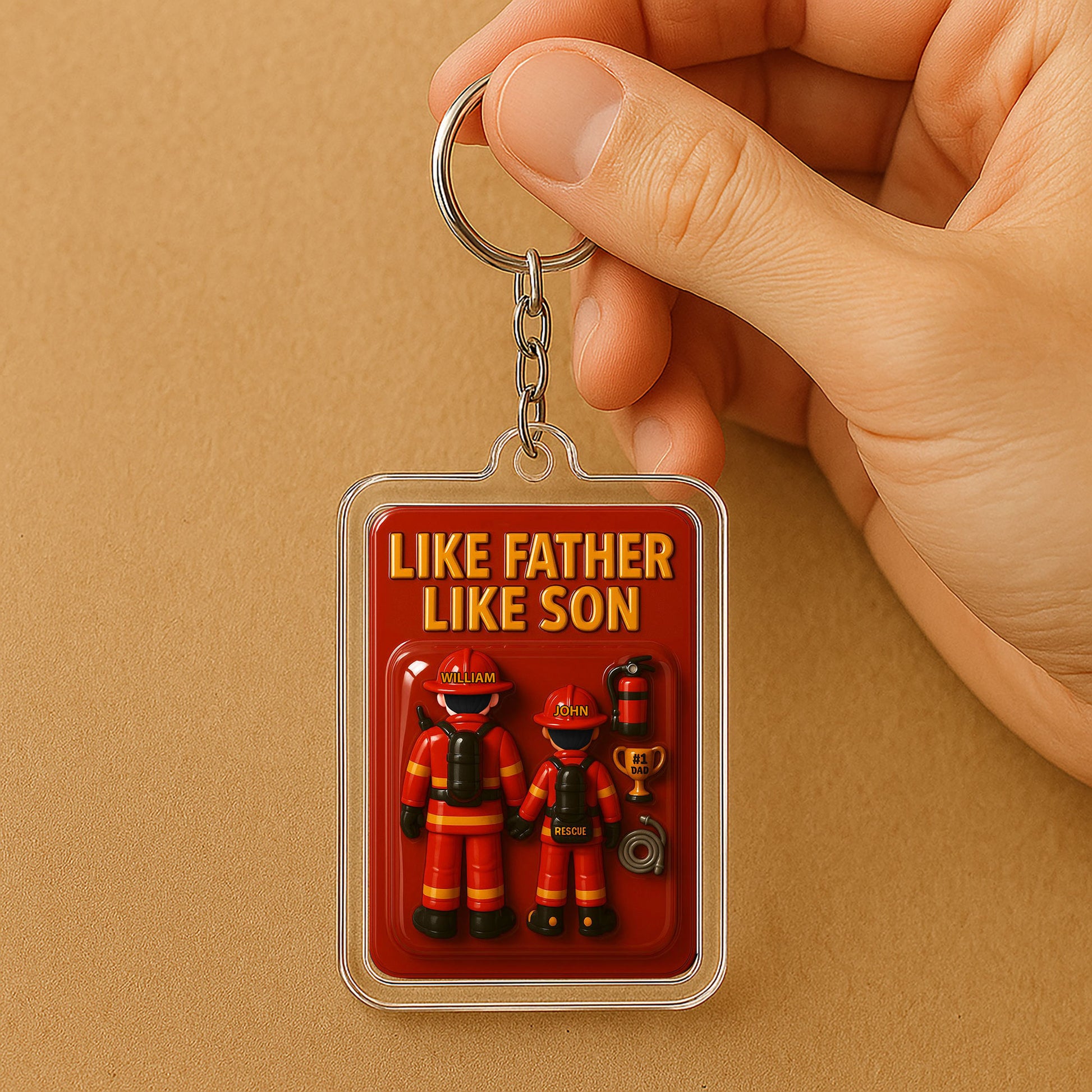 Firefighter Dad and Son Father's Day 3D Keychain - Personalized Fire Dept Gift