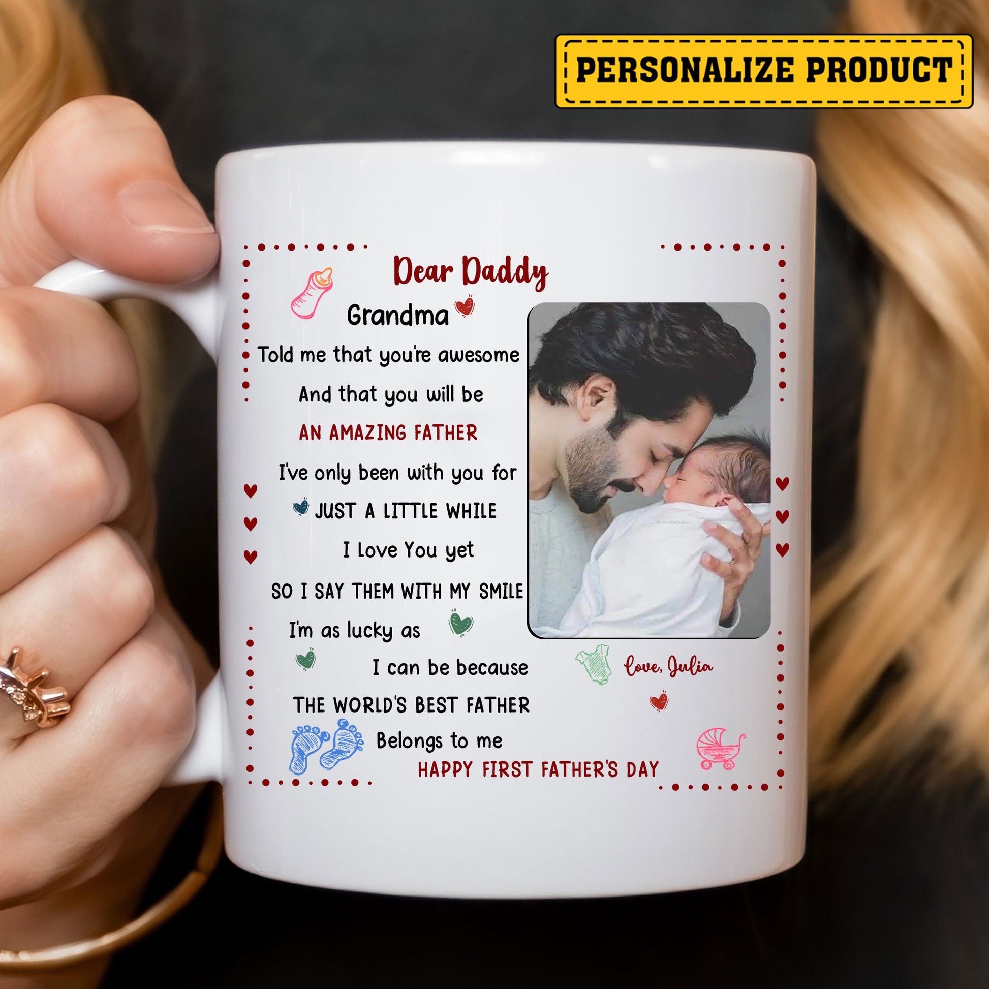 First Father’s Day Dear Daddy Mug from Baby – Custom Ceramic Cup with Name, Picture, and Poem – Celebrate a New Dad’s First Step into Dad Life

