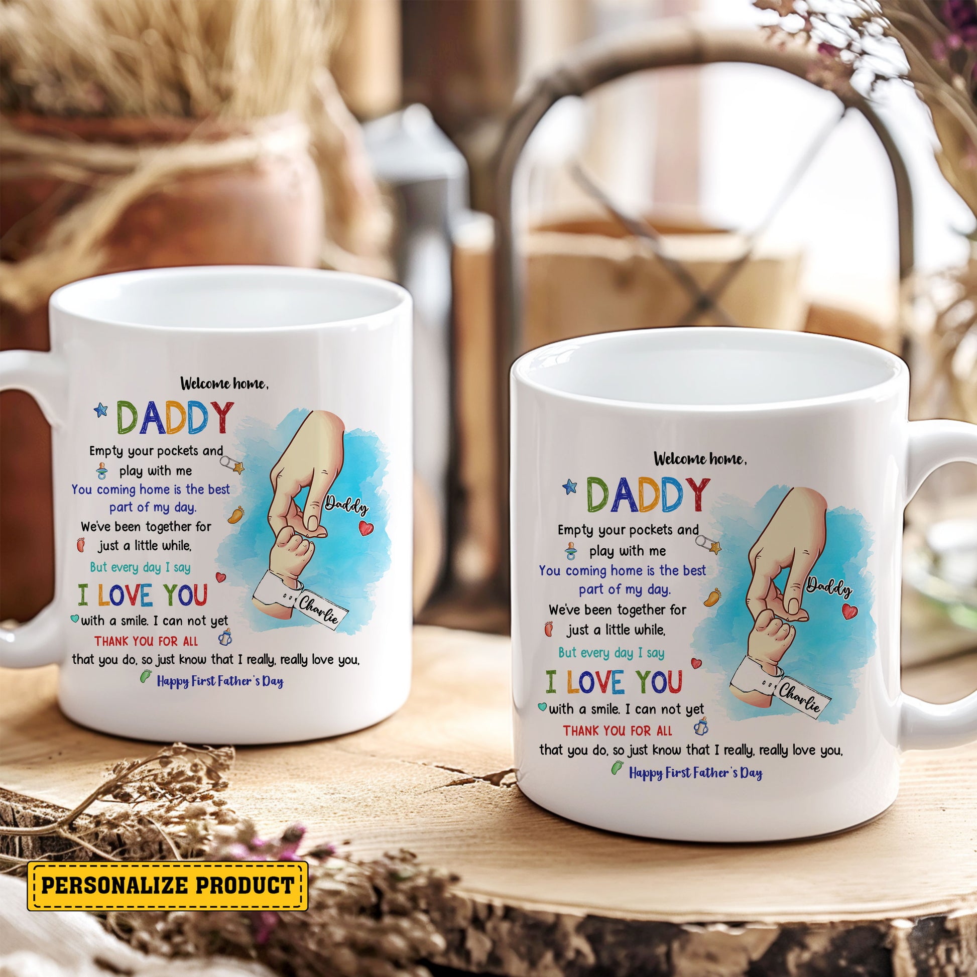 First Father’s Day Welcome Home Gift for Dad – Personalized Baby and Daddy Illustration on Ceramic Mug – Emotional Keepsake for New Fathers Starting Dad Life
