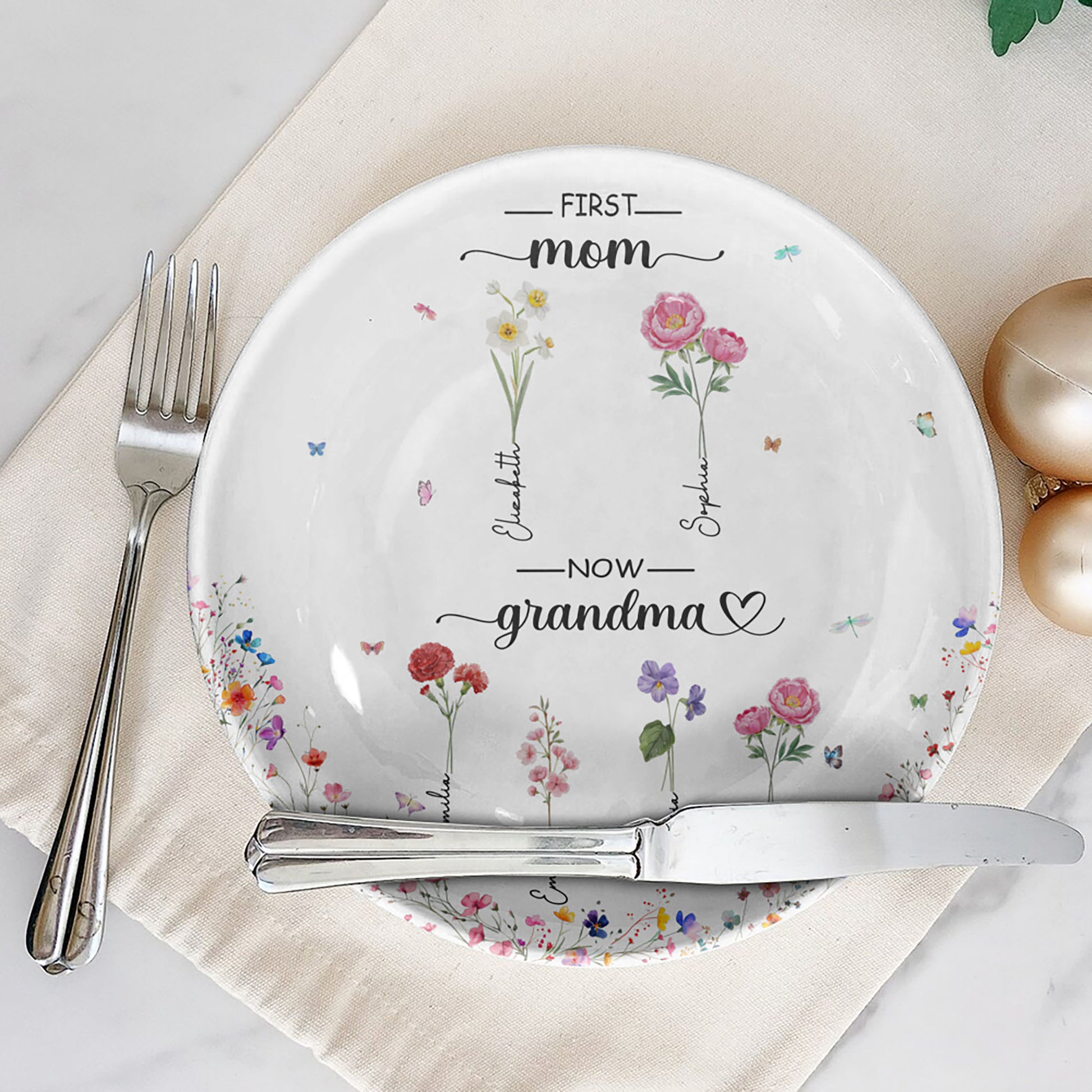 First Mom Now Grandma Custom Grandchild's Name With Birth Flower Ceramic Plate