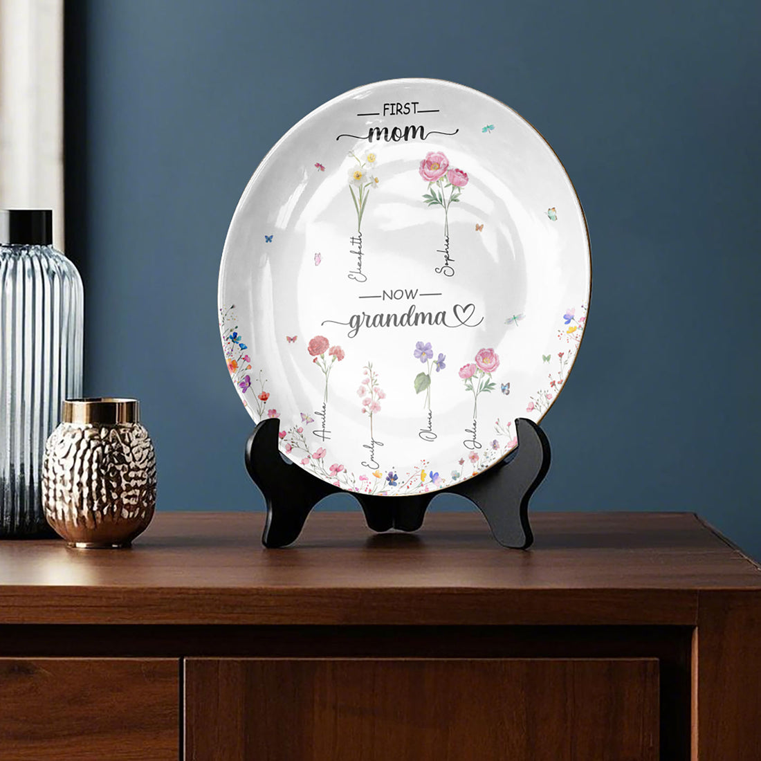 First Mom Now Grandma Custom Grandchild's Name With Birth Flower Ceramic Plate, Gift For Mom, Gift For Grandma, Mother's Day Gift