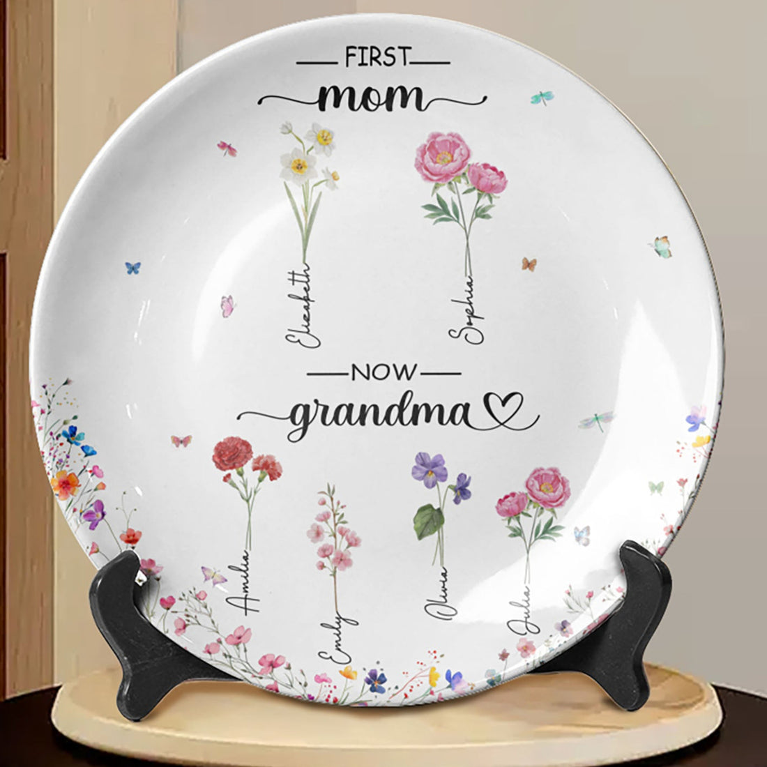 First Mom Now Grandma Custom Grandchild's Name With Birth Flower Ceramic Plate, Gift For Mom, Gift For Grandma, Mother's Day Gift