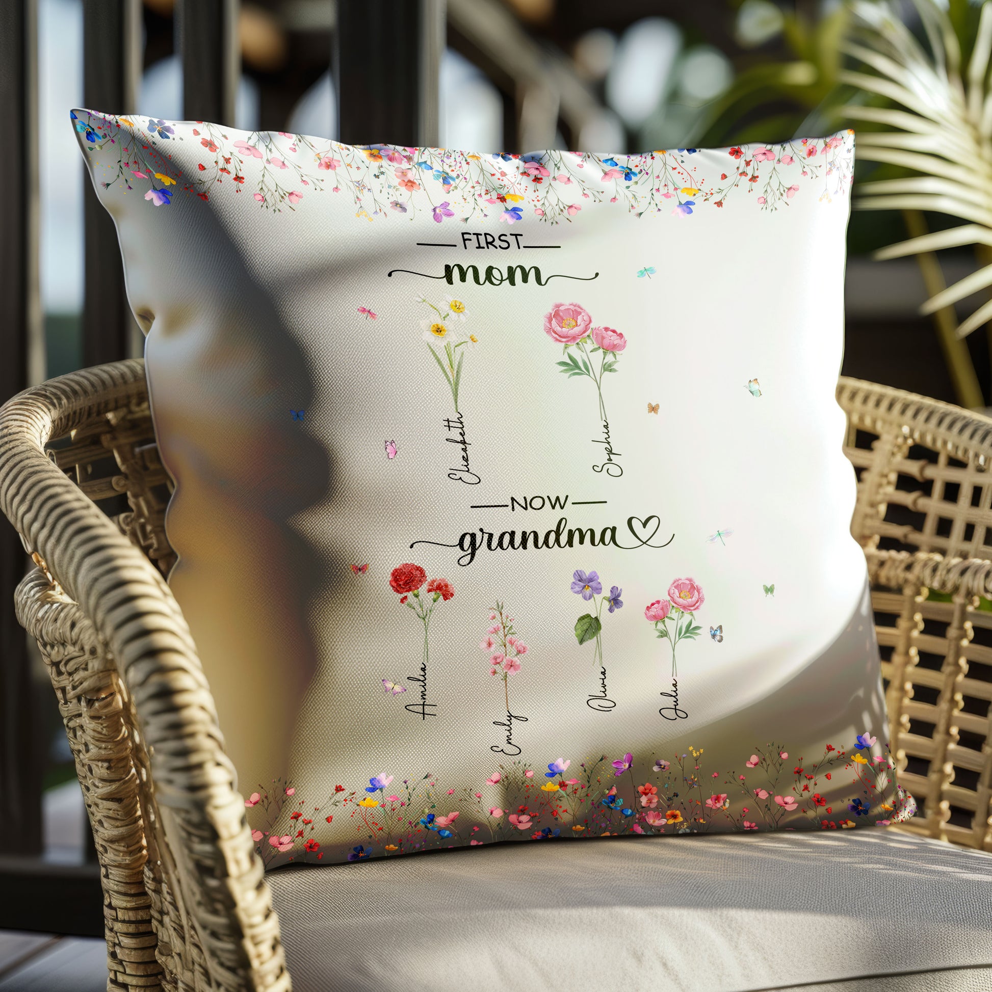 First Mom Now Grandma Custom Grandchild's Name With Birth Flower Pillow