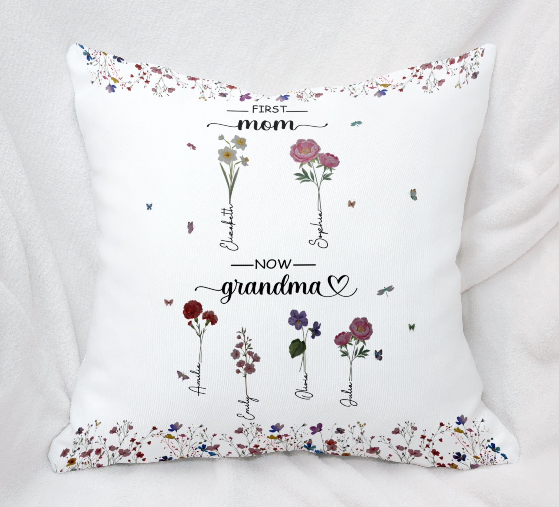 First Mom Now Grandma Custom Grandchild's Name With Birth Flower Pillow, Gift For Mom