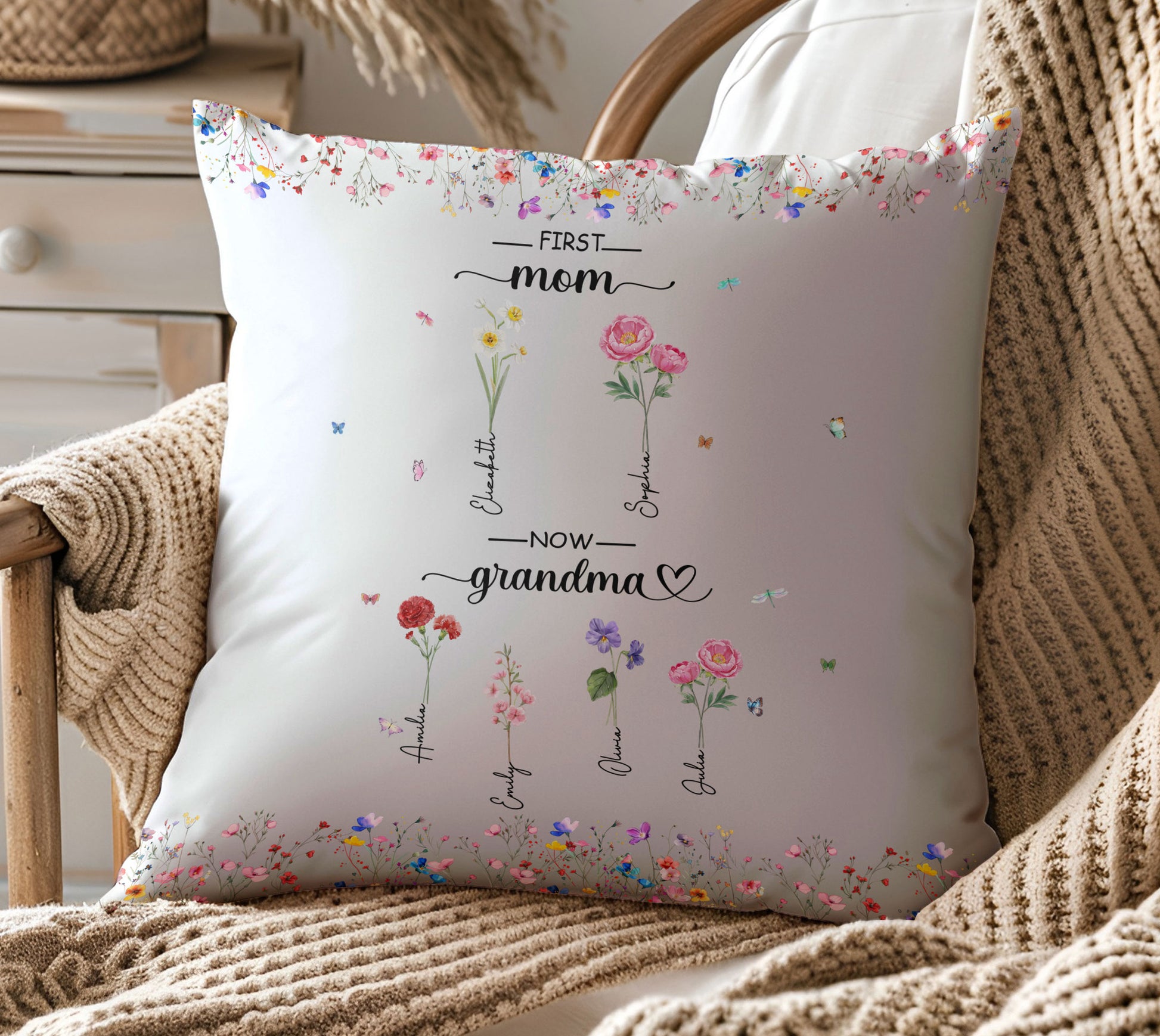First Mom Now Grandma Custom Grandchild's Name With Birth Flower Pillow, Gift For Mom, Gift For Grandma