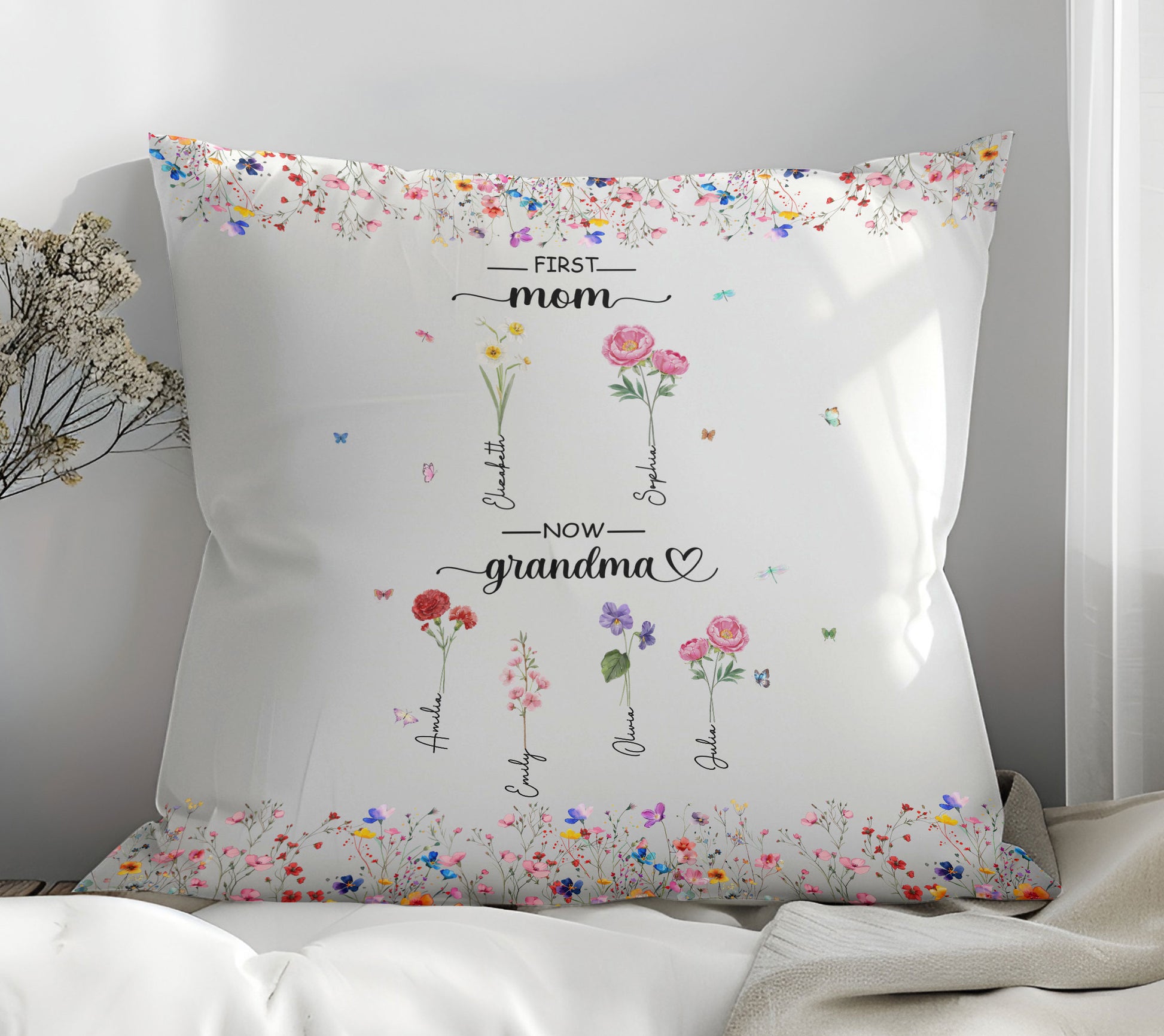 First Mom Now Grandma Custom Grandchild's Name With Birth Flower Pillow, Gift For Mom, Gift For Grandma, Birthday Gift