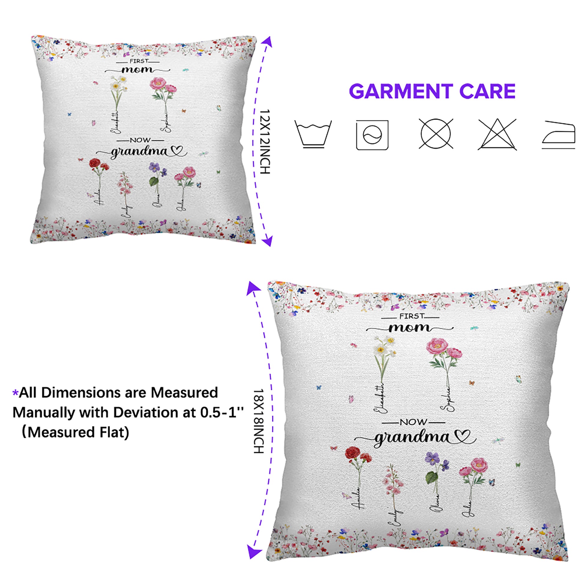 "First Mom Now Grandma" Personalized Pillow. Custom Grandchild Name and Birth Flower