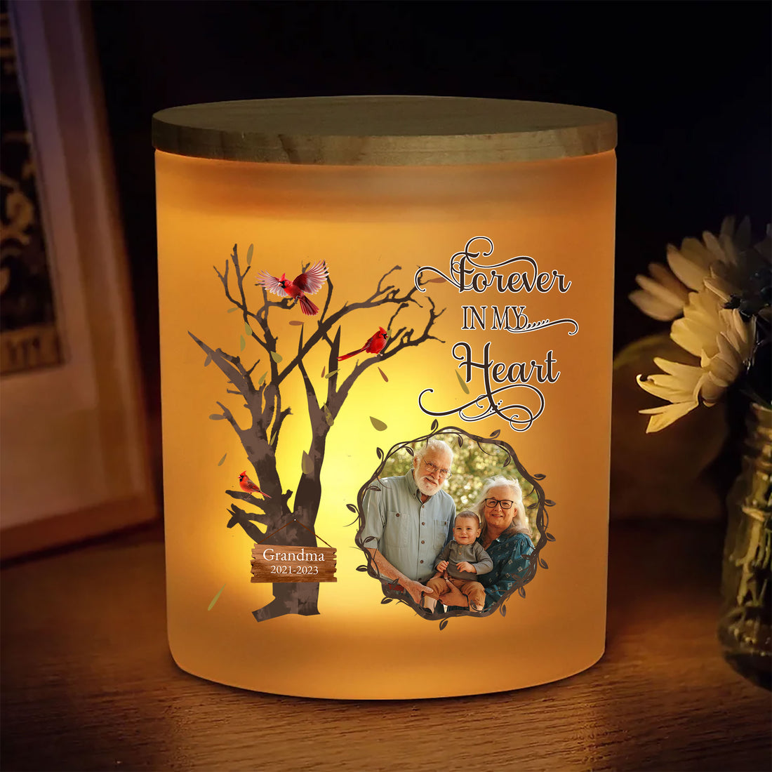 Preserve precious memories and find solace in the warm glow of remembrance. Experience the comforting presence of the Forever in My Heart - Personalized Photo Memorial Light with Cardinal Tree Design.