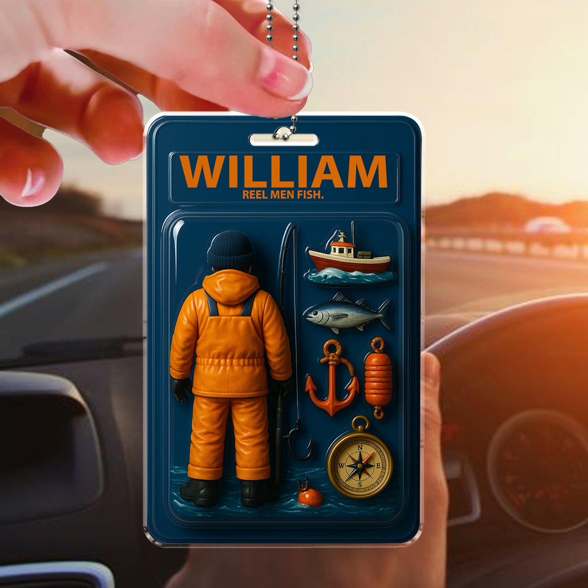 Funny Fisherman Car Ornament - Personalized with Name & "Reel Men Fish" 