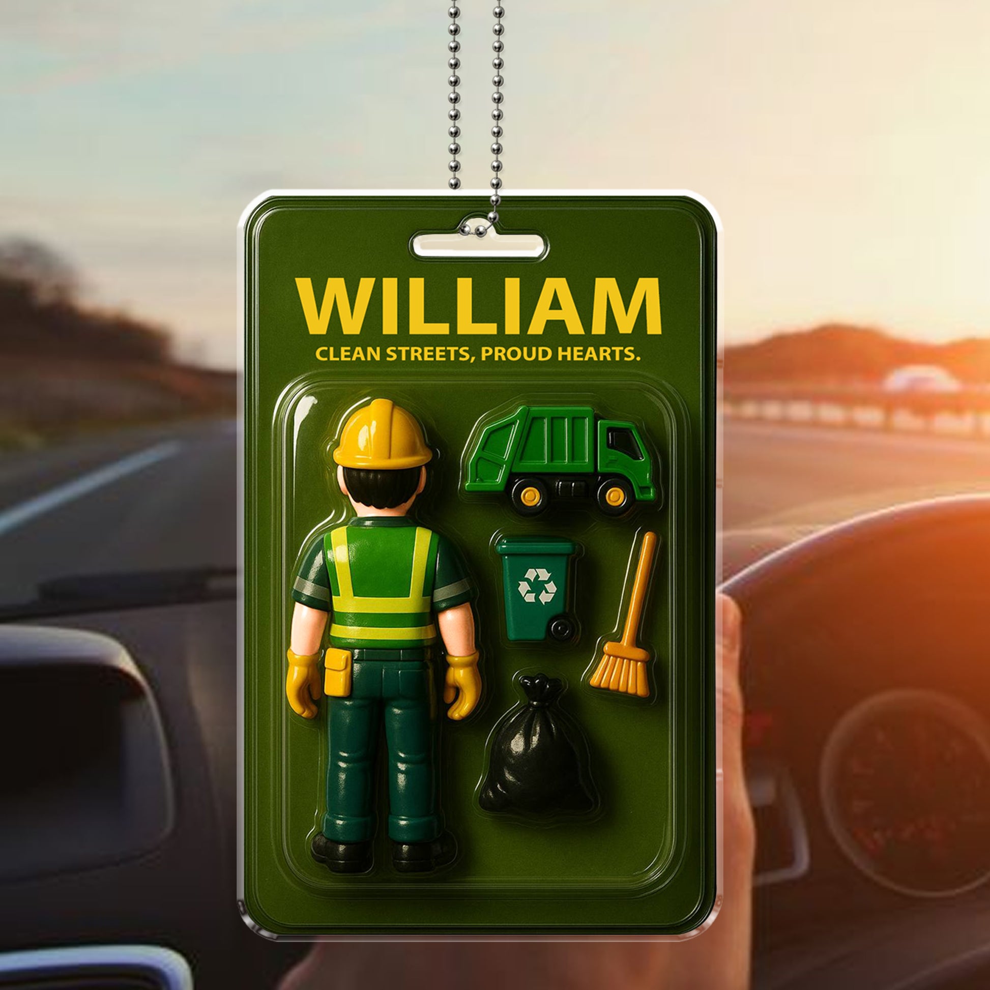 Garbage Truck Driver Car Ornament - Personalized with Name & "Proud Hearts"