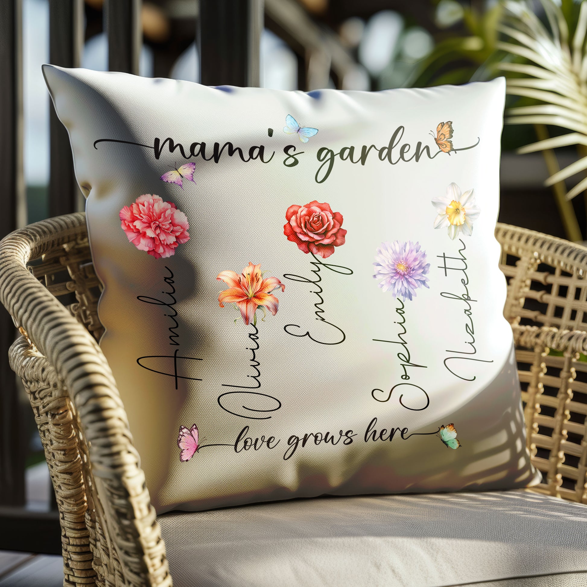 Garden-themed pillow with Kid's Name - personalized gift for Grandma's birthday