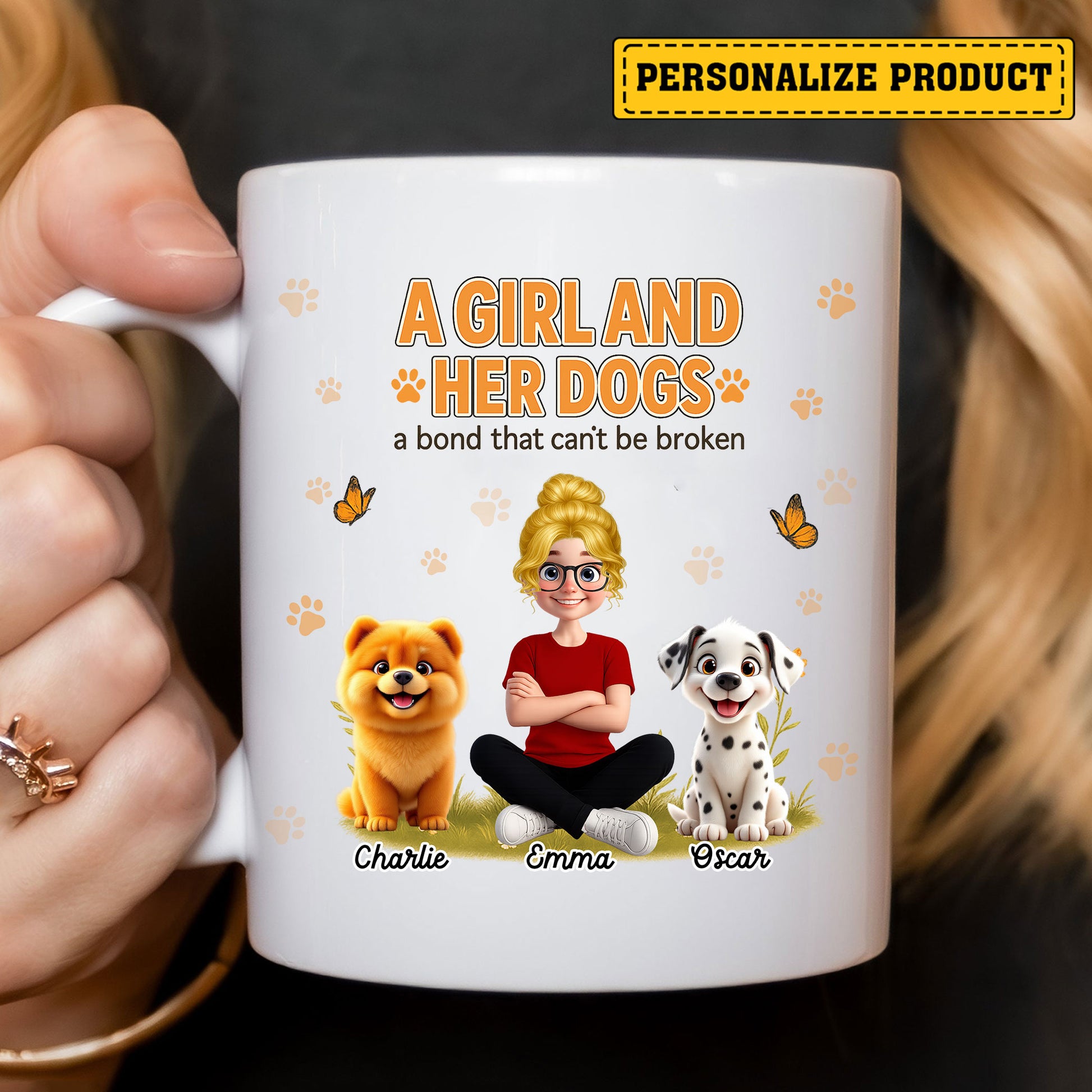 Gift for Dog Mom – A Girl and Her Dogs Personalized Mug with Cartoon Characters, Great for Pet Lovers, Birthdays, or Everyday Joy

