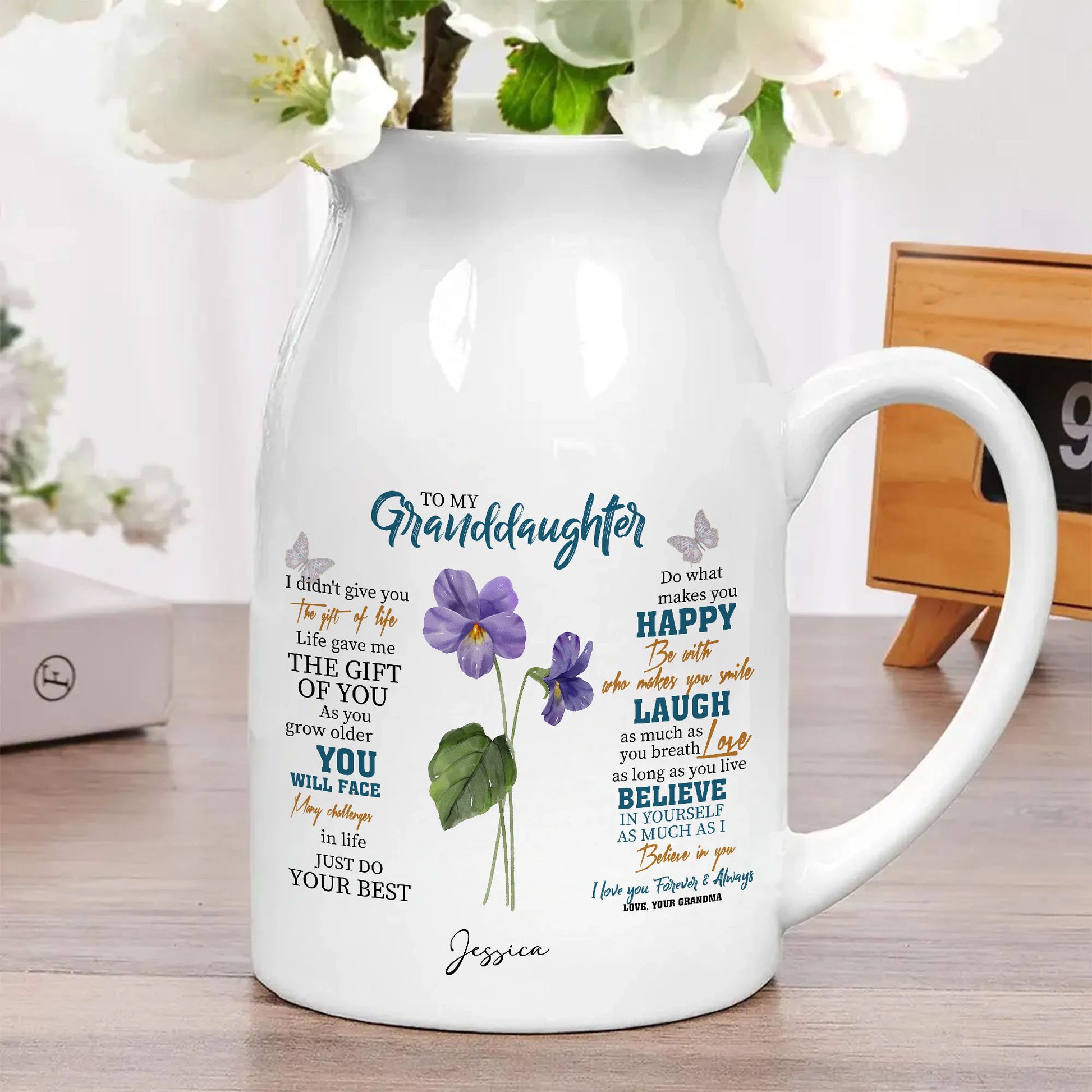 Granddaughter God Says You Are Birth Flower Personalized Ceramic Vase, Custom Daughter Gift, Personalized Birth Flower Gift With Special Message
