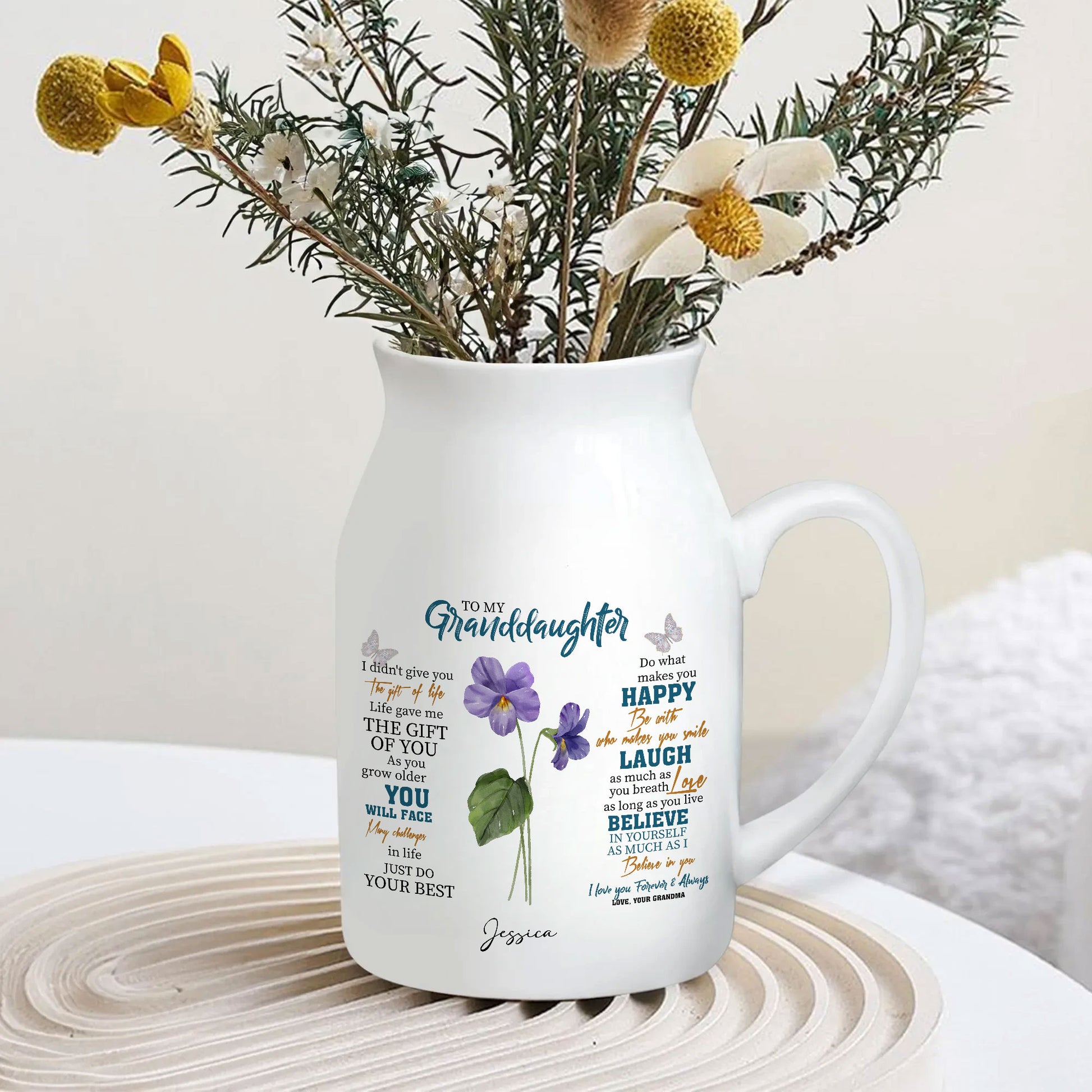 Granddaughter God Says You Are Birth Flower Personalized Ceramic Vase, Personalized Birth Flower Gift With Special Message