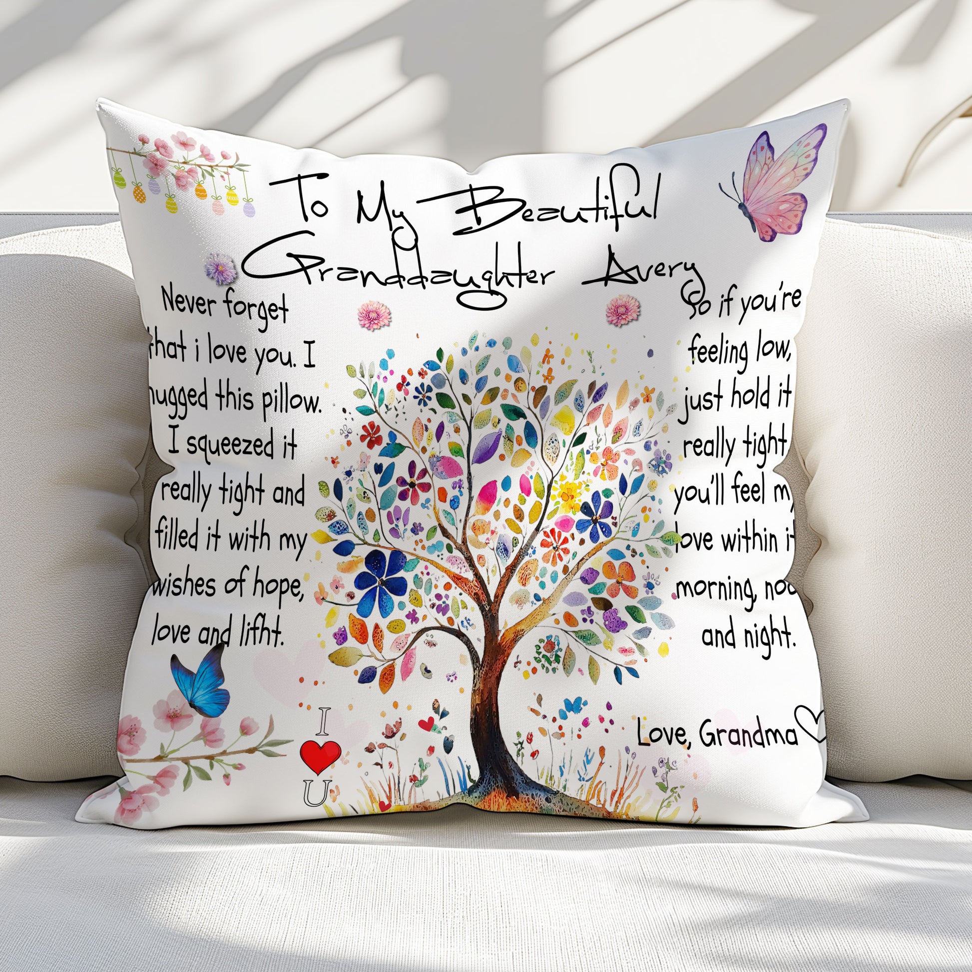 "Granddaughter, My Heart Is Always With You" Pillow for Granddaughter's Dorm Room with Message

