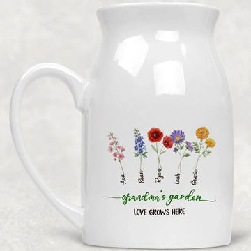 Grandma Garden Love Grows Here Birth Flower Personalized Ceramic Vase