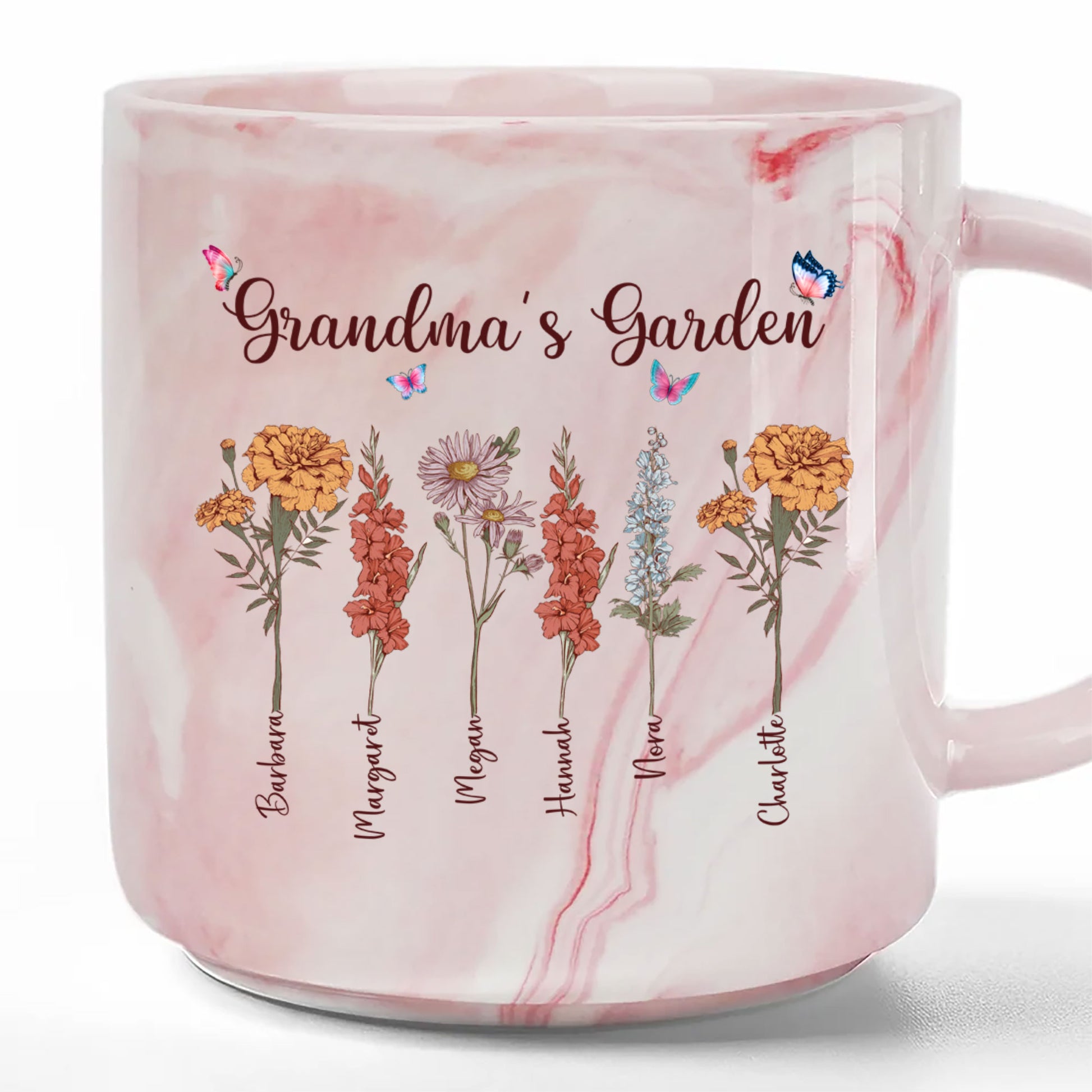 Grandma's Garden Custom Grandchild's Name With Birth Flower Marble Mug, Gift For Mom