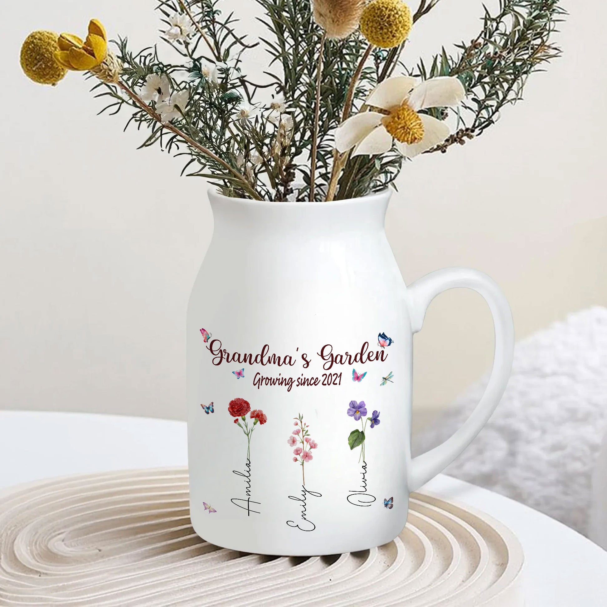 Grandma's Garden Growing Since Birth Flower Personalized Ceramic Vase, Custom Grandma Gift, Custom Mother's Day Gift, Personalized Birth Flower Gift With Special Message